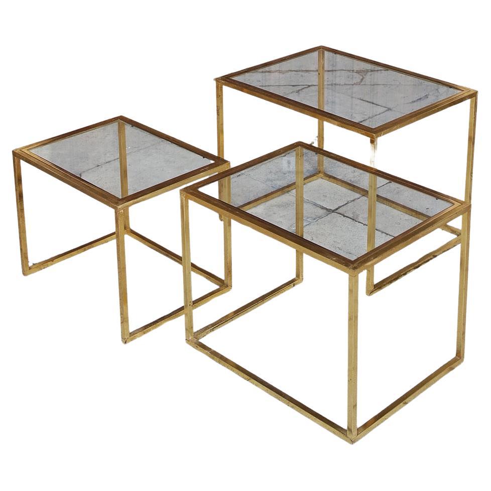 Three Brass and Glass 1970s Italian nesting side tables For Sale