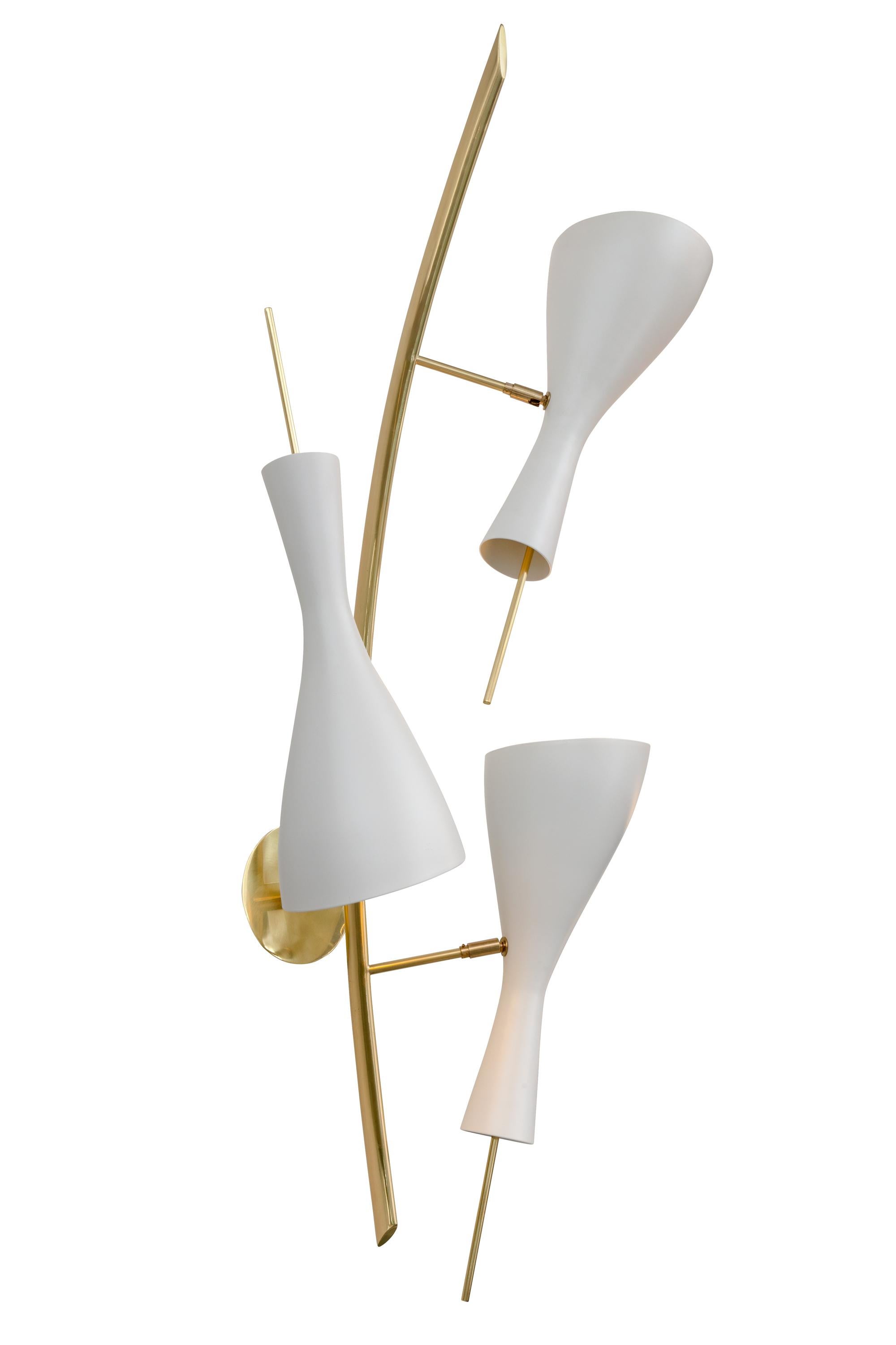 Mid-Century Modern Three Brass and White Metal Shade Mid Century Style Sconces, Italy, 2018