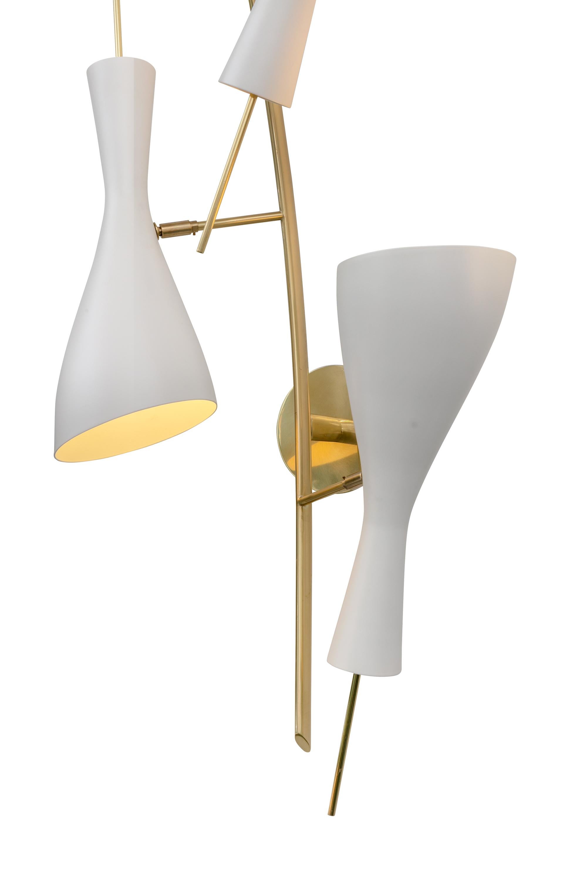 Three Brass and White Metal Shade Midcentury Style Sconces, Italy, 2018 In Excellent Condition In New York, NY