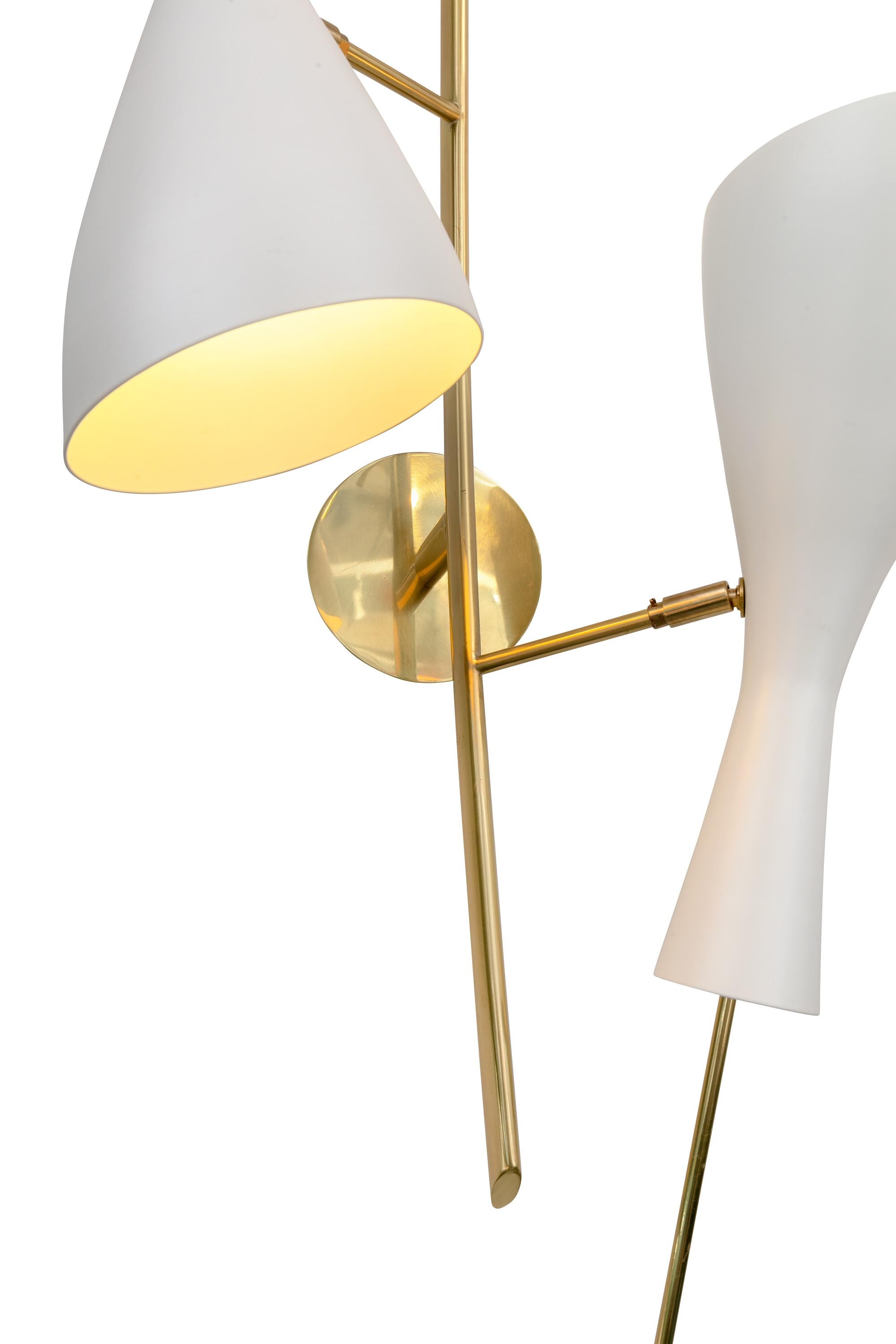 Aluminum Three Brass and White Metal Shade Midcentury Style Sconces, Italy, 2018