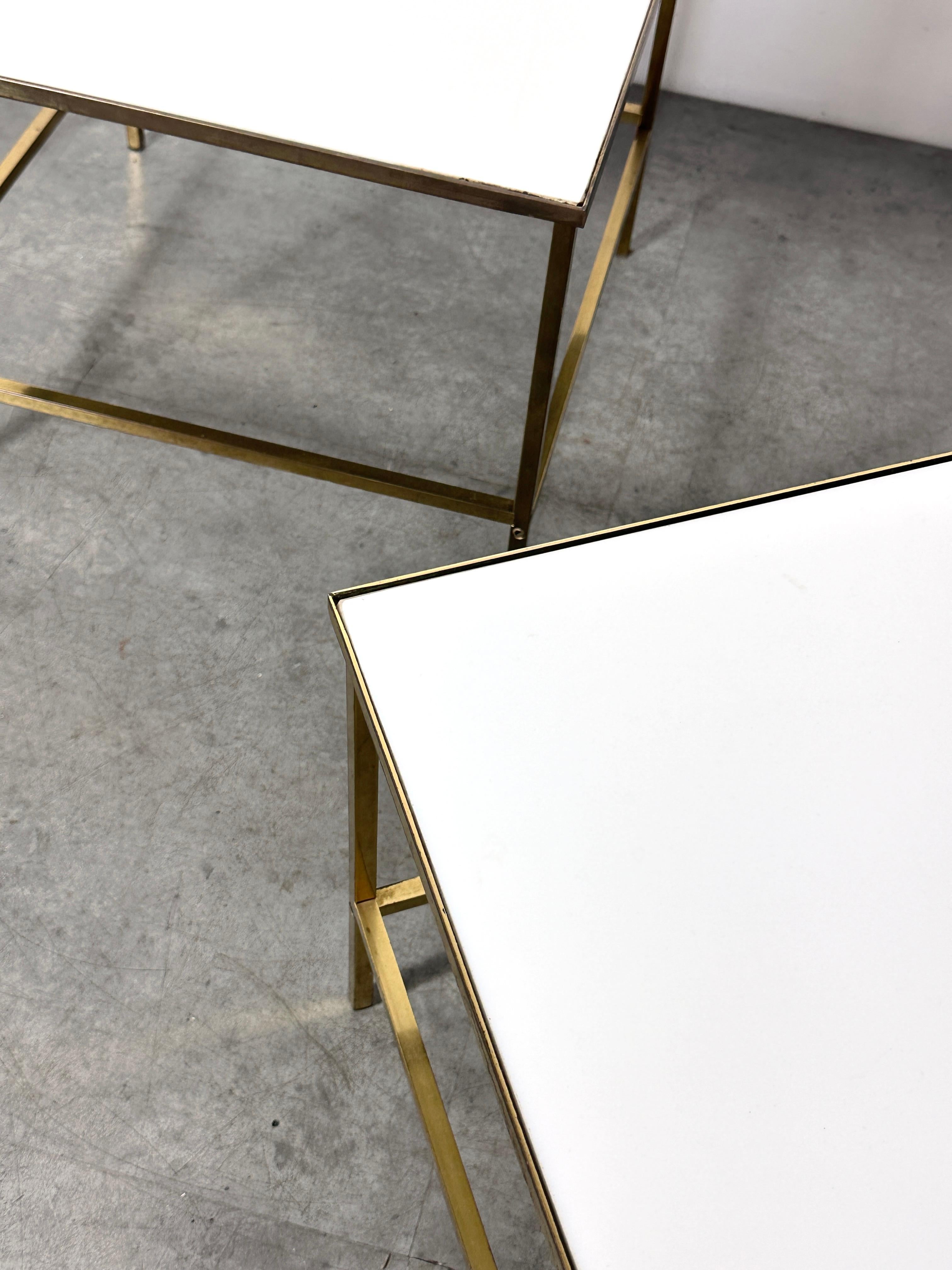 Trio of Mid Century Brass White Vitrolite Square Tables by Harvey Probber 1950s For Sale 5