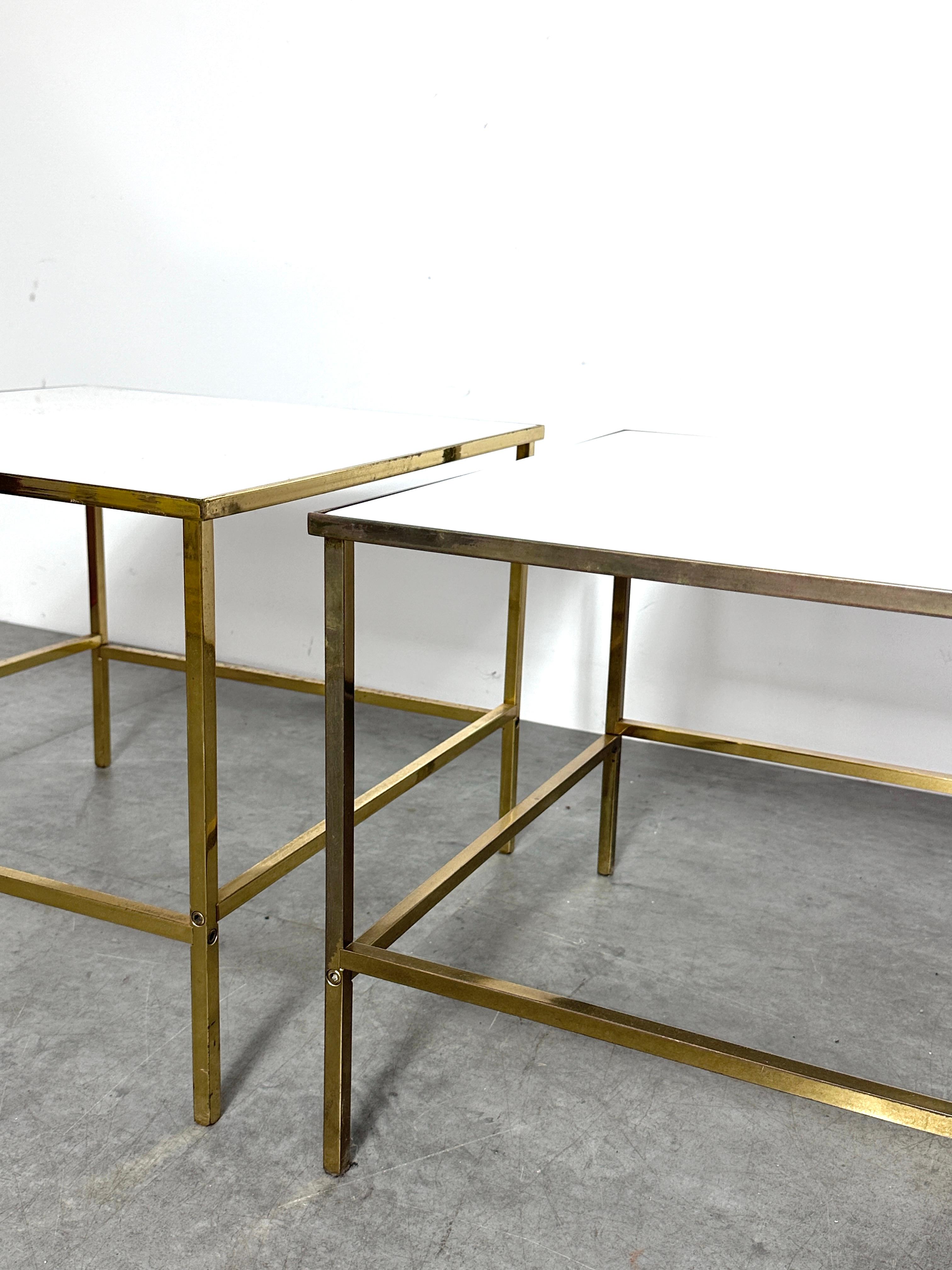 Trio of Mid Century Brass White Vitrolite Square Tables by Harvey Probber 1950s For Sale 6