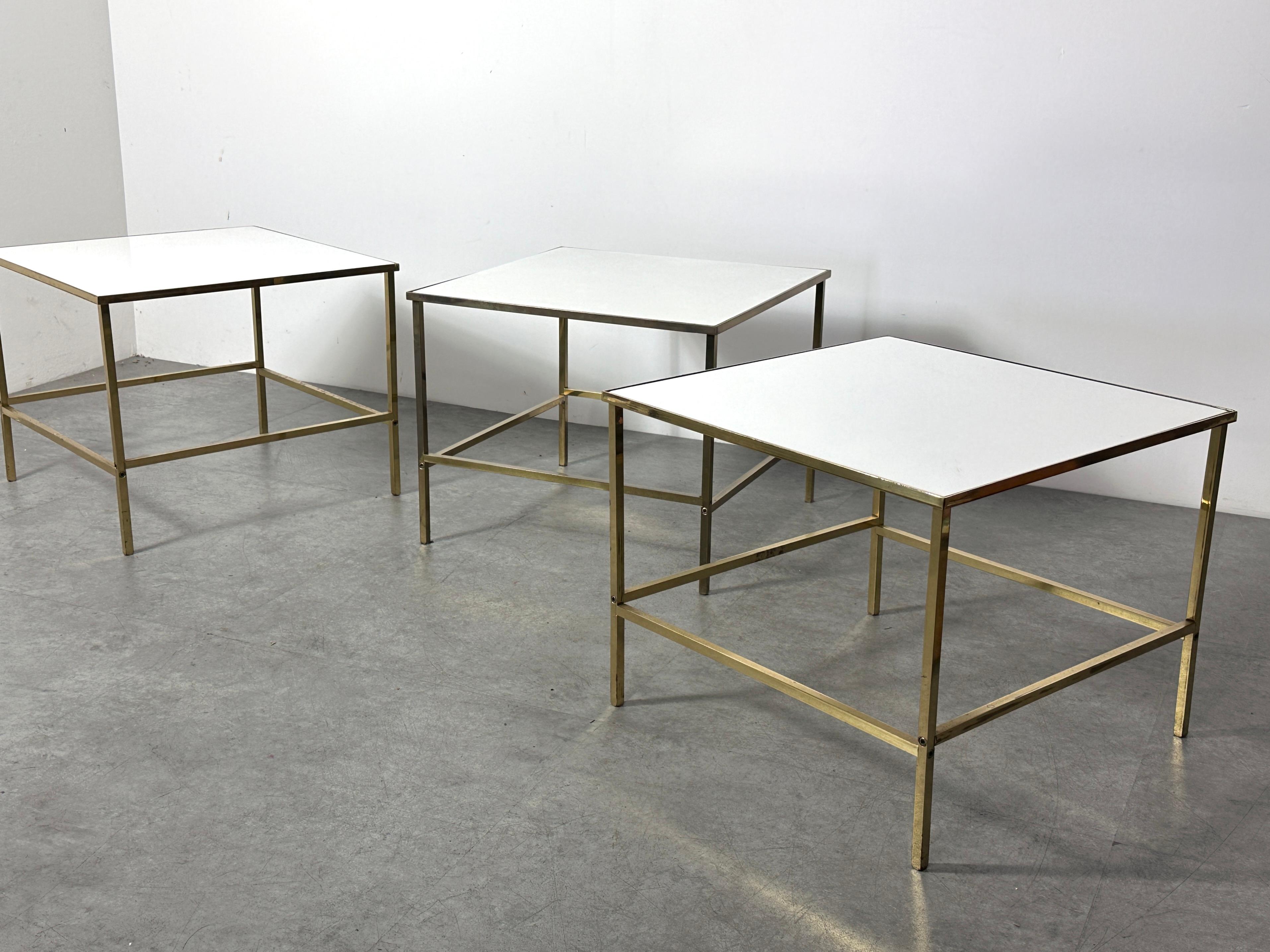 Mid-Century Modern Three Brass & Vitrolite Square Side Tables by Harvey Probber 1950s Mid Century For Sale