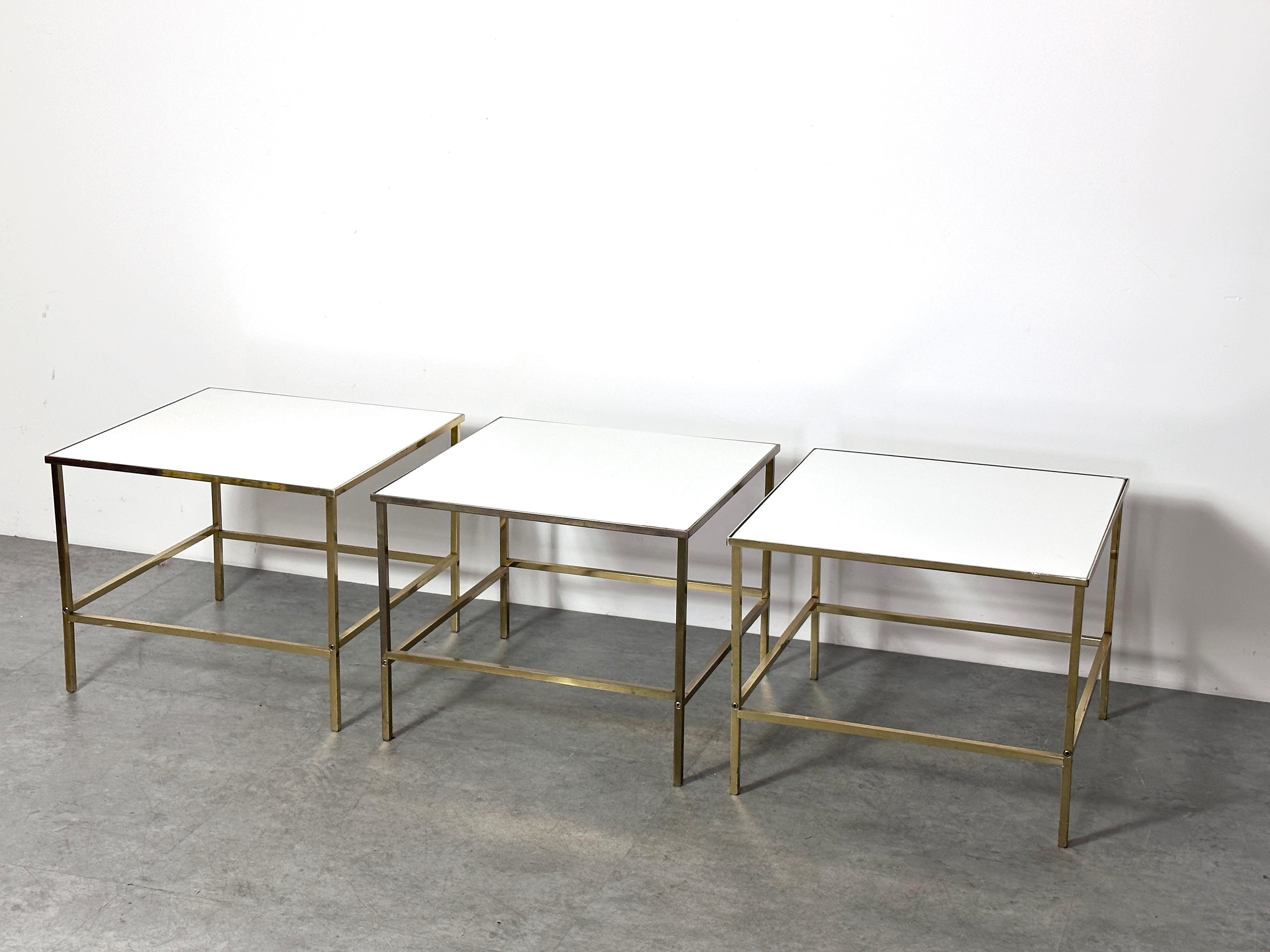 Trio of Mid Century Brass White Vitrolite Square Tables by Harvey Probber 1950s In Good Condition For Sale In Troy, MI