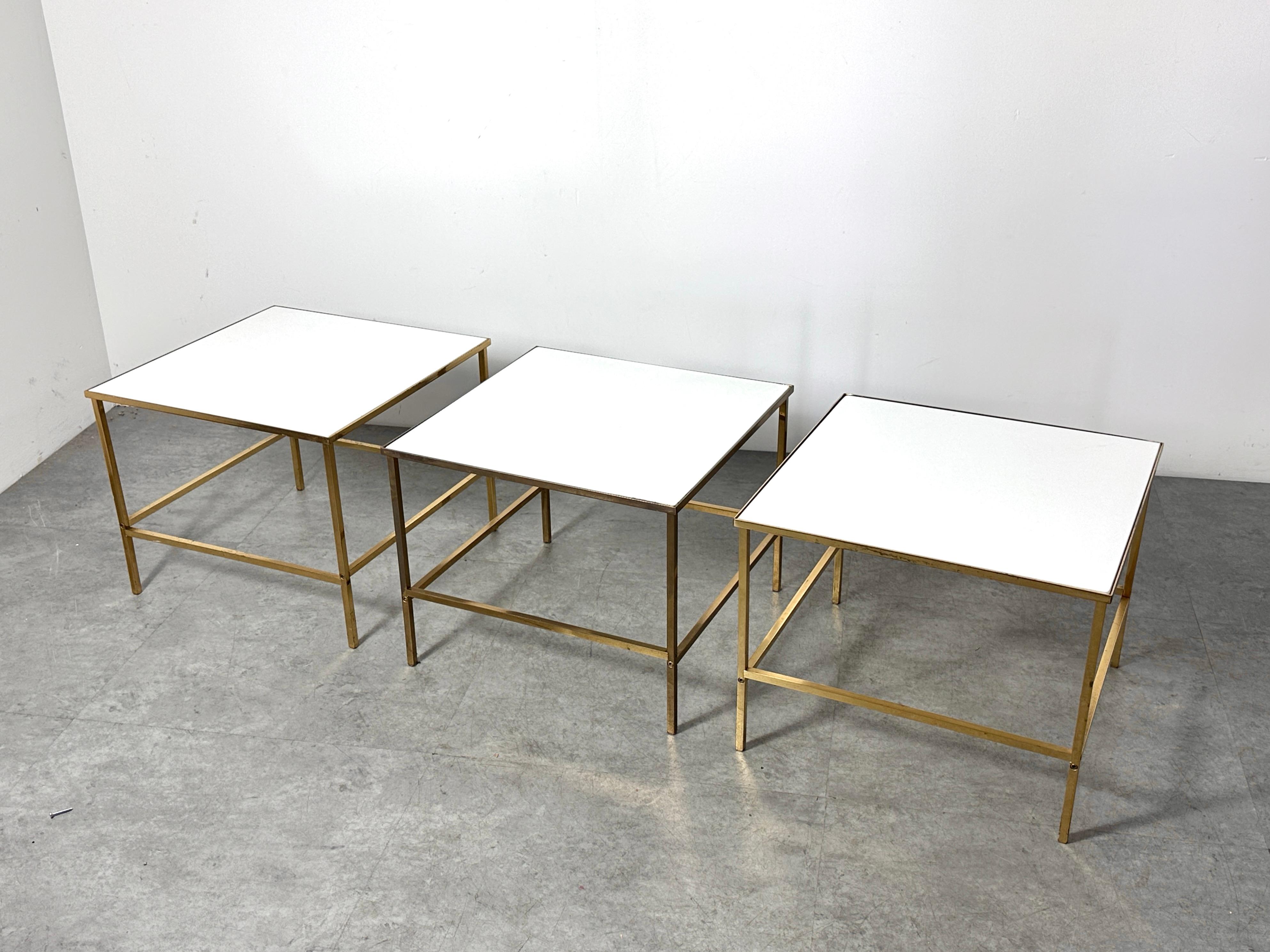 Three Brass & Vitrolite Square Side Tables by Harvey Probber 1950s Mid Century For Sale 1
