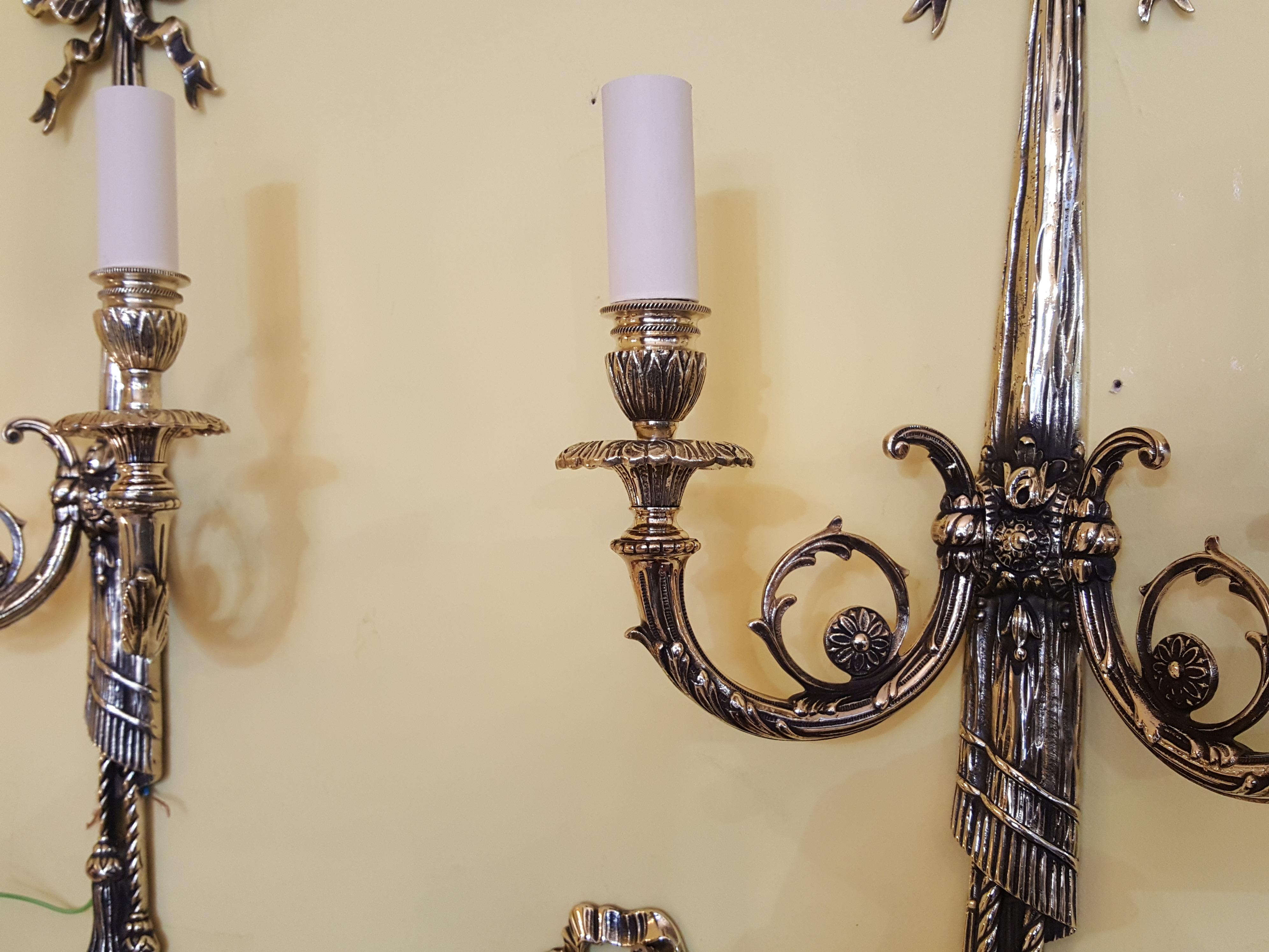 English Three Brass Wall Lights of Neoclassical Form