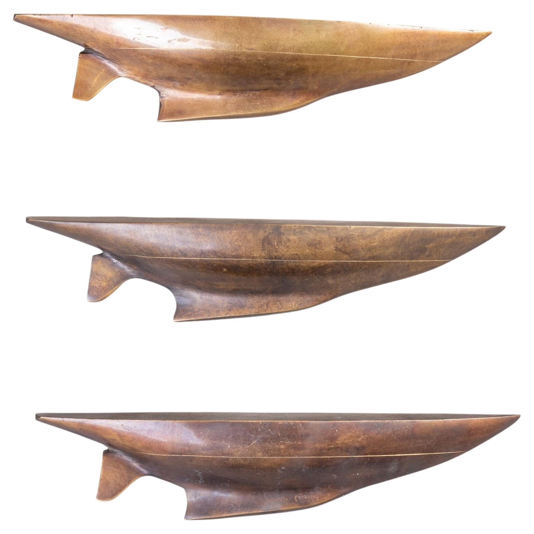 Three Antique Bronze Boat Hull Sculptures, Cast Technique, Italy, 1960