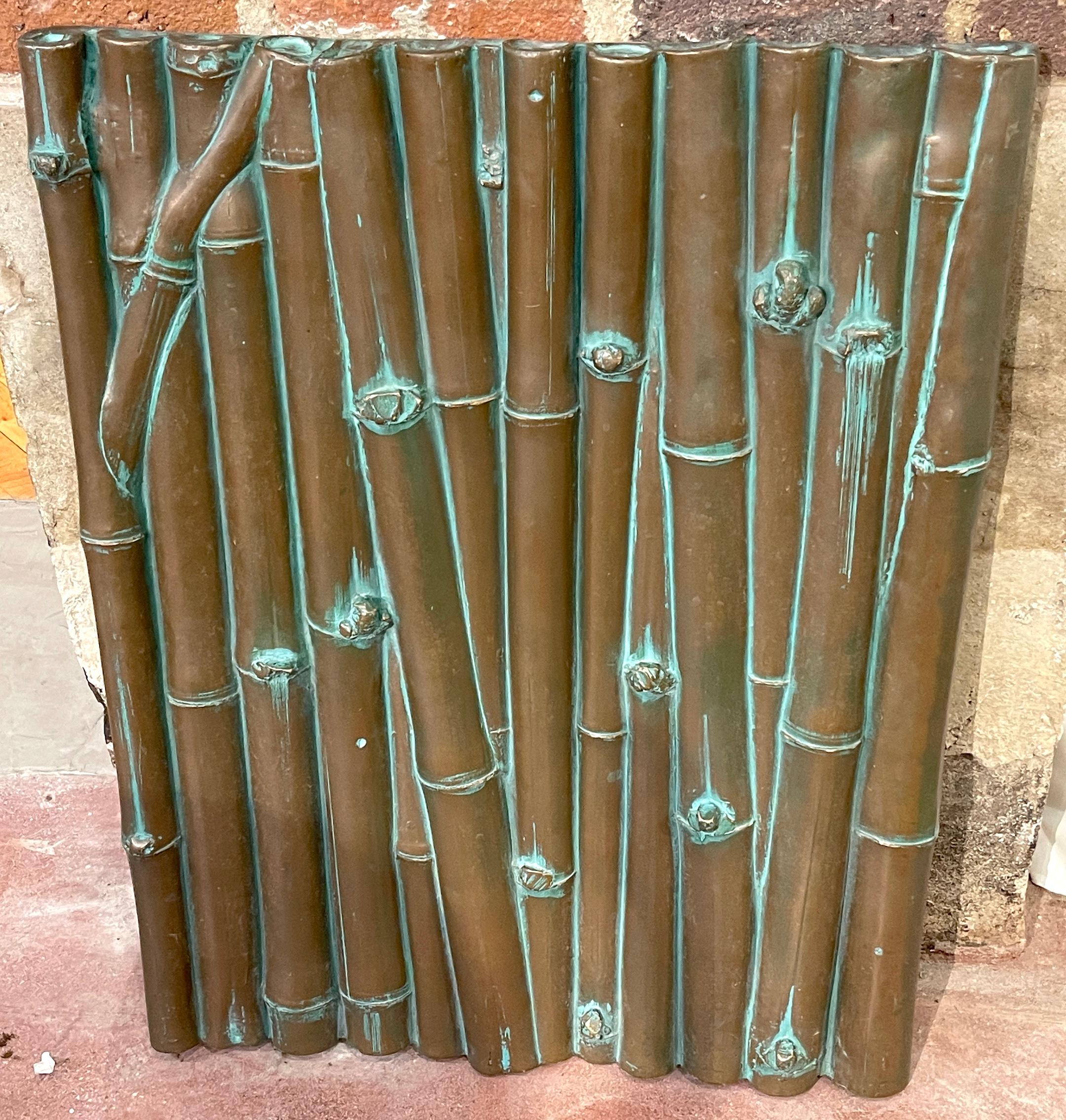 Fiberglass Three Bronze Clad Bamboo Relief Wall Panel Sculptures For Sale