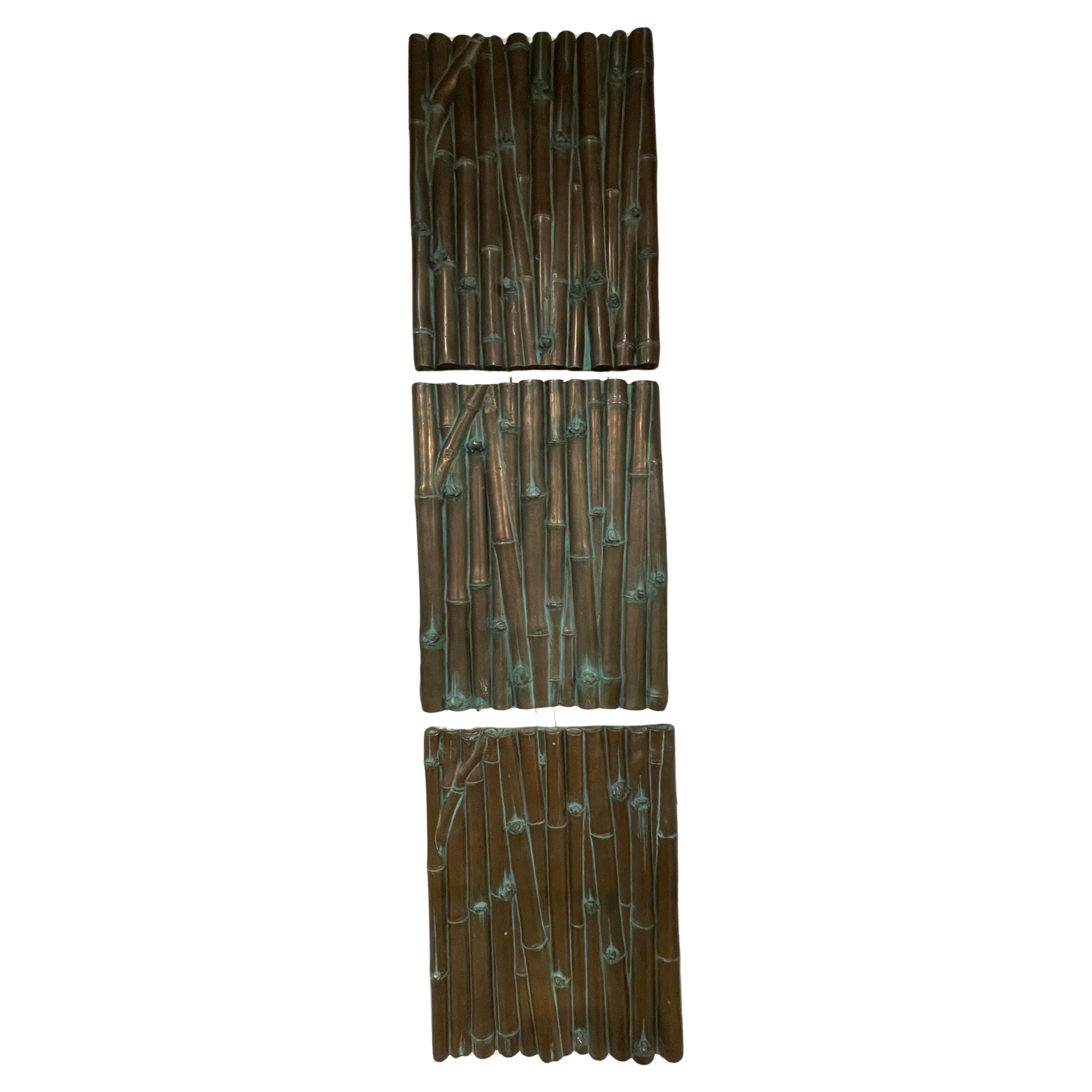 Drei bronzeverkleidete Bambusrelief-Wandpaneel-Skulpturen