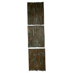 Used Three Bronze Clad Bamboo Relief Wall Panel Sculptures