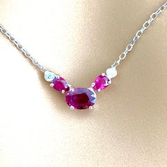 Three Burma Red Rubies and Two Bezel Diamonds Rubies Gold Pendant Necklace