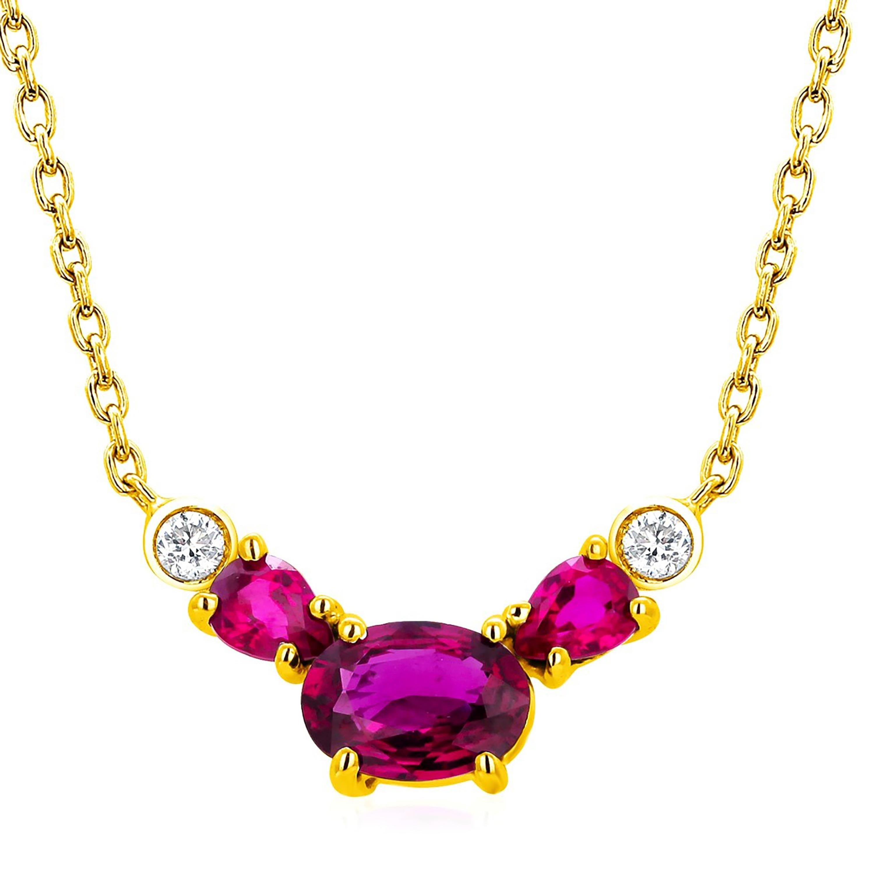 Three Burma Rubies Diamonds 1.39 Carat 14K Yellow Gold Layering Pendant Necklace For Sale 2