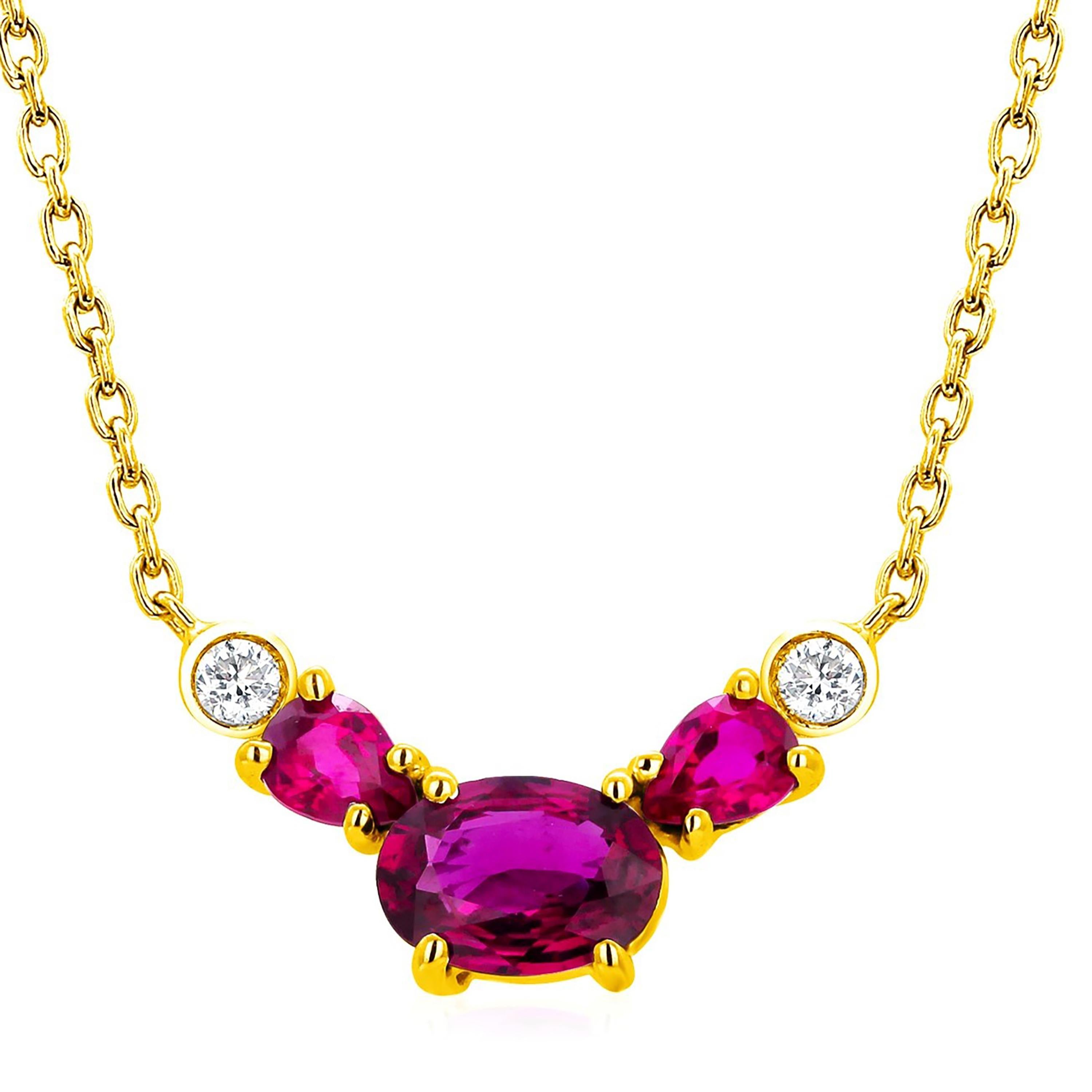 Women's Burma Rubies Bezel Diamonds 1.39 Carat Yellow Gold Layering Pendant Necklace For Sale