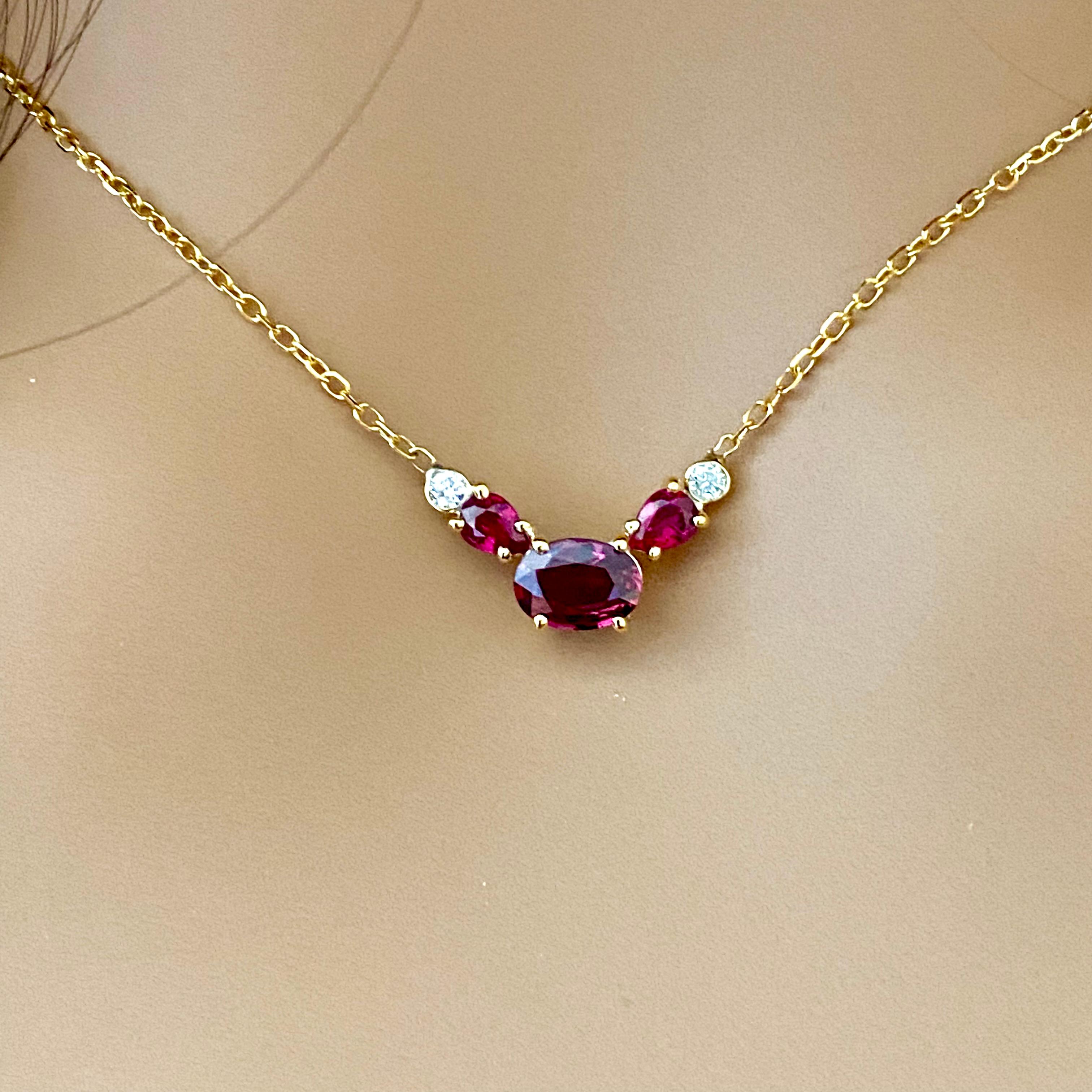 Burma Rubies Bezel Diamonds 1.39 Carat Yellow Gold Layering Pendant Necklace In New Condition For Sale In New York, NY