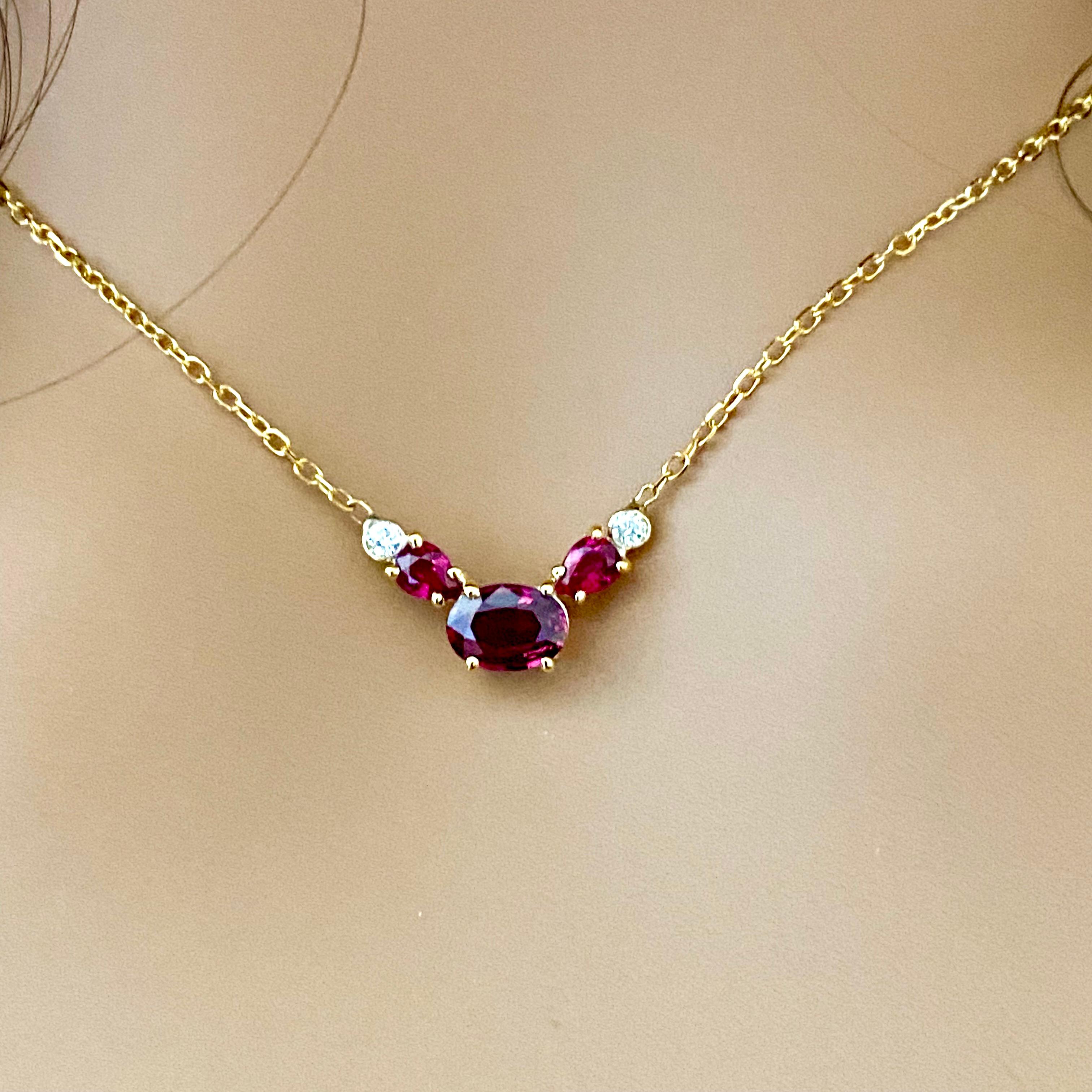 Women's Burma Rubies Bezel Diamonds 1.39 Carat Yellow Gold Layering Pendant Necklace For Sale