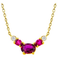 Three Burma Red Rubies Two Bezel Diamonds Yellow Gold Pendant Necklace