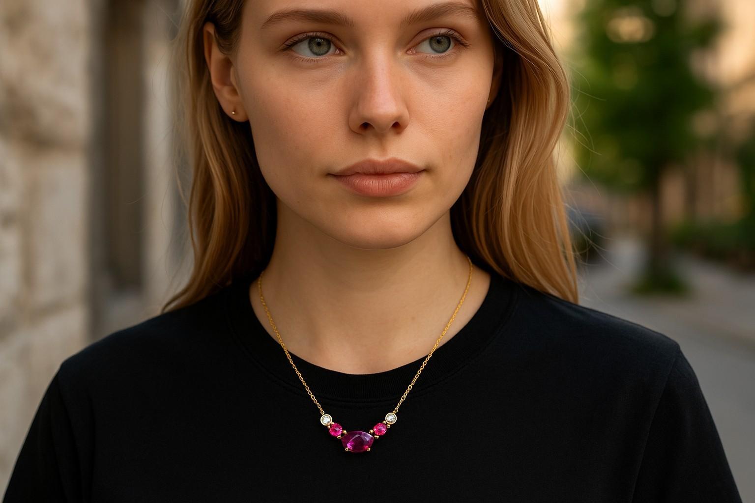 Drei Burma-Rubinen Diamanten 1,39 Karat 14K Gelbgold Layering-Anhänger Halskette im Angebot 4