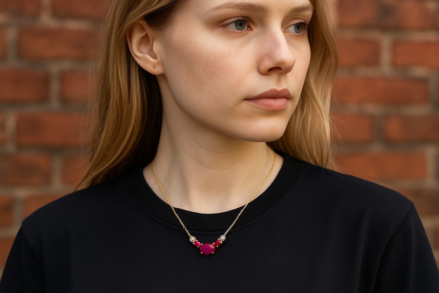 Drei Burma-Rubinen Diamanten 1,39 Karat 14K Gelbgold Layering-Anhänger Halskette im Angebot 1