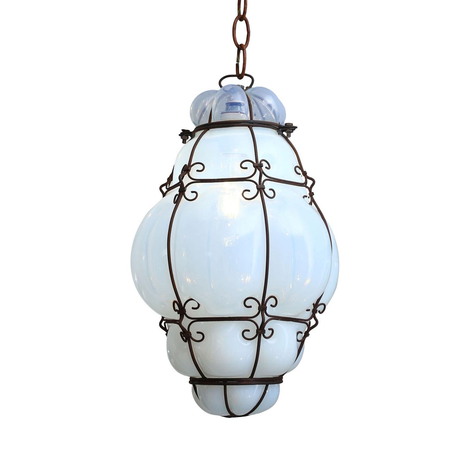 Mid-20th Century Three Caged White Glass Italian Pendants For Sale