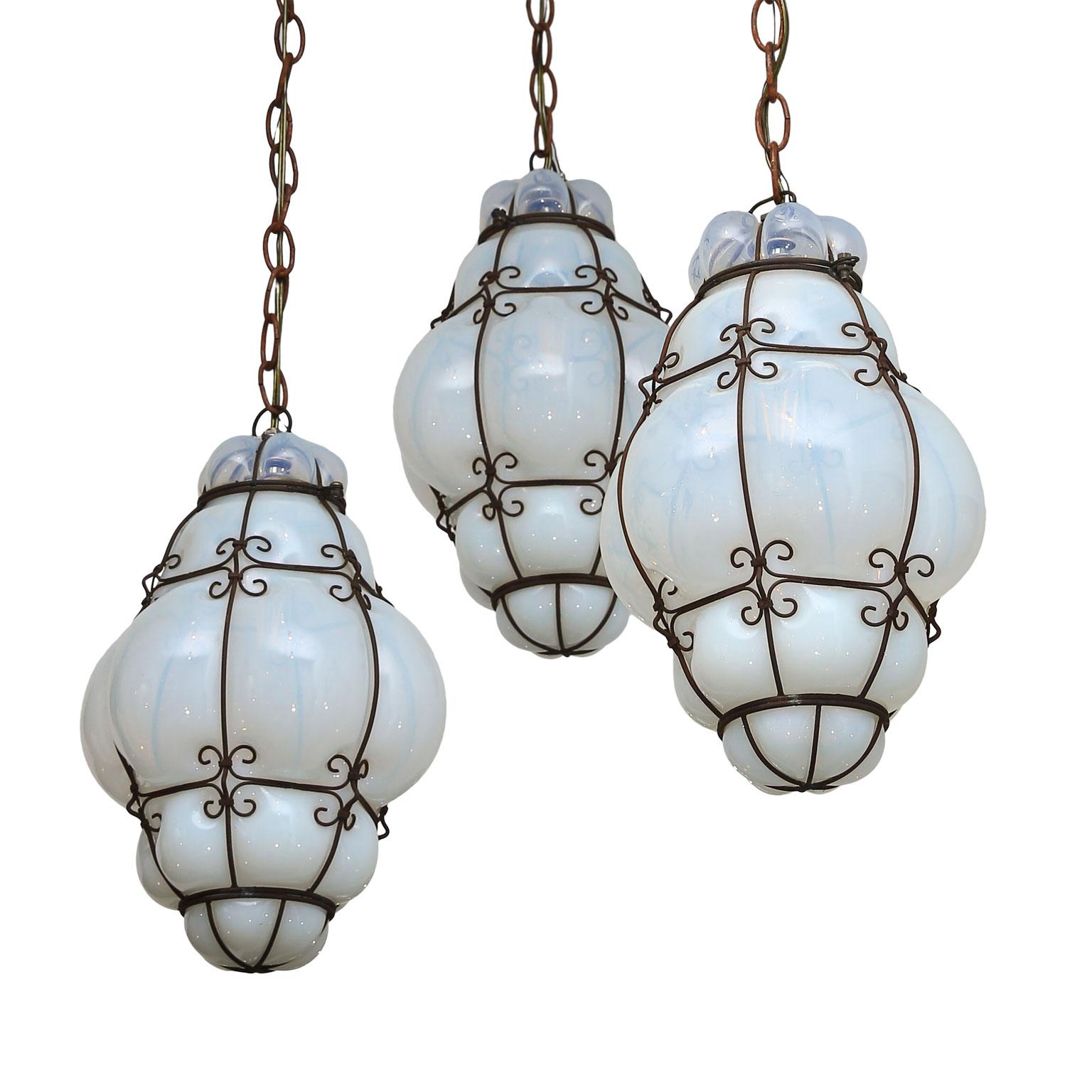 Blown Glass Three Caged White Glass Italian Pendants For Sale