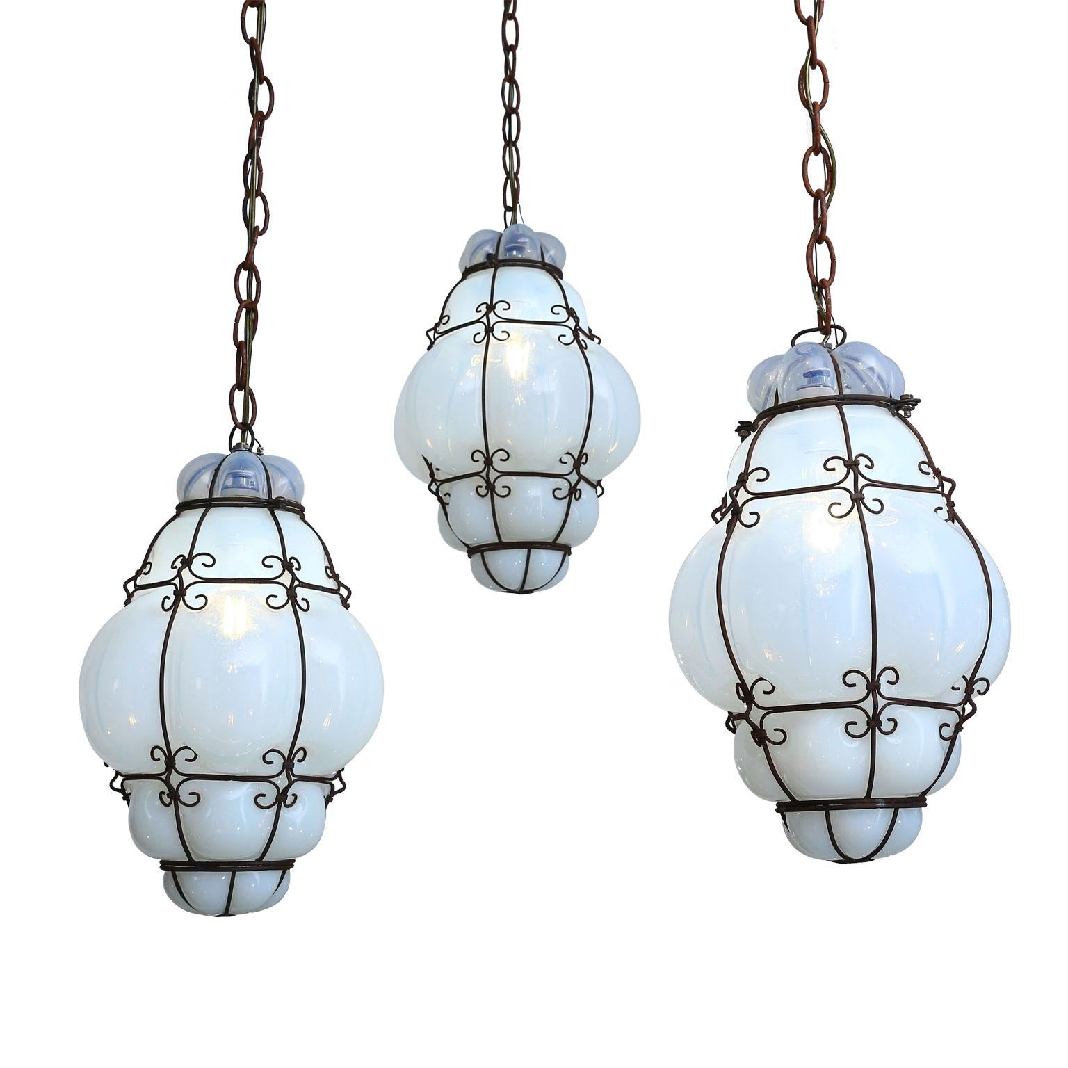 Three Caged White Glass Italian Pendants For Sale 4