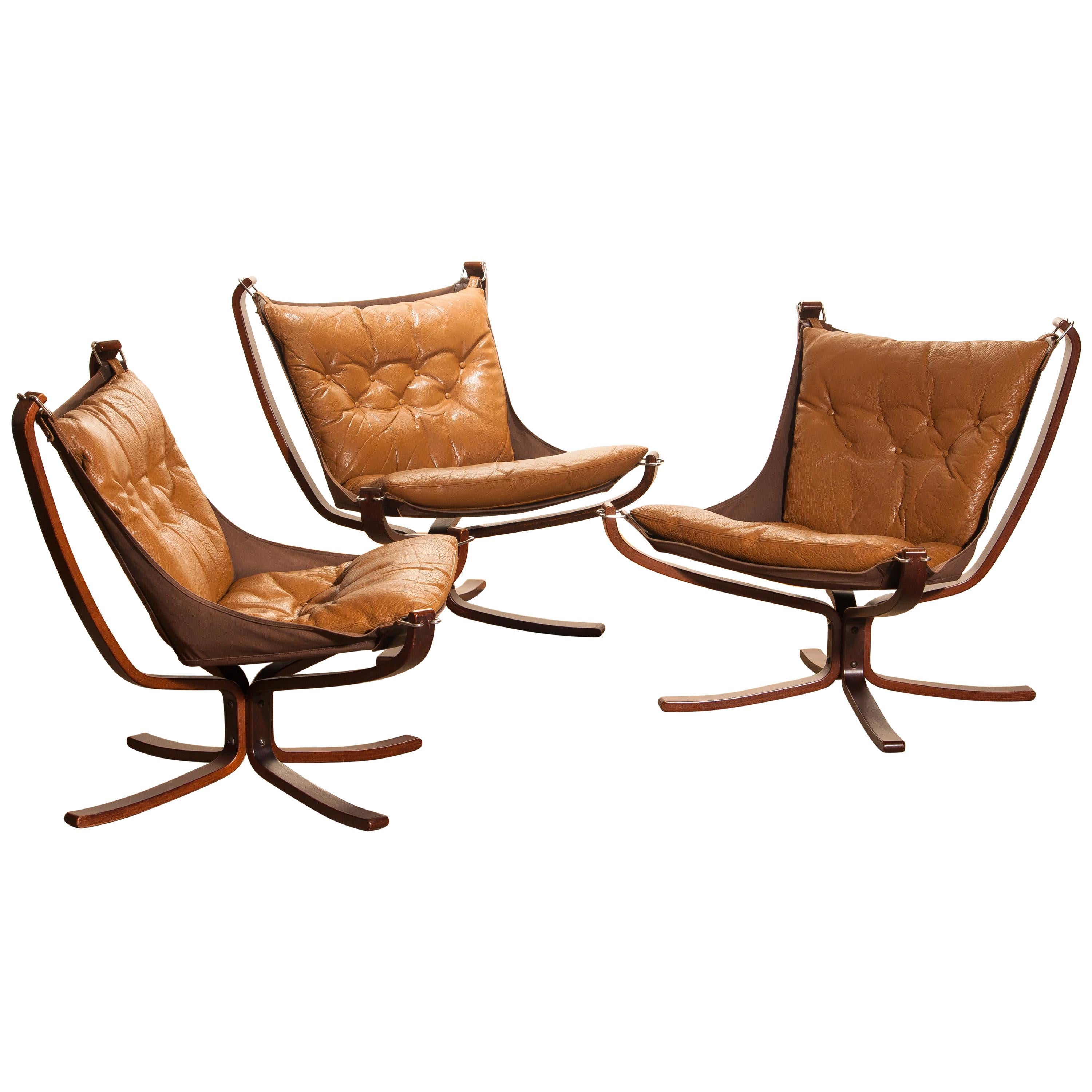 Three Camel Leather 'Falcon' Lounge Chairs or Easy Chairs by Sigurd Ressell