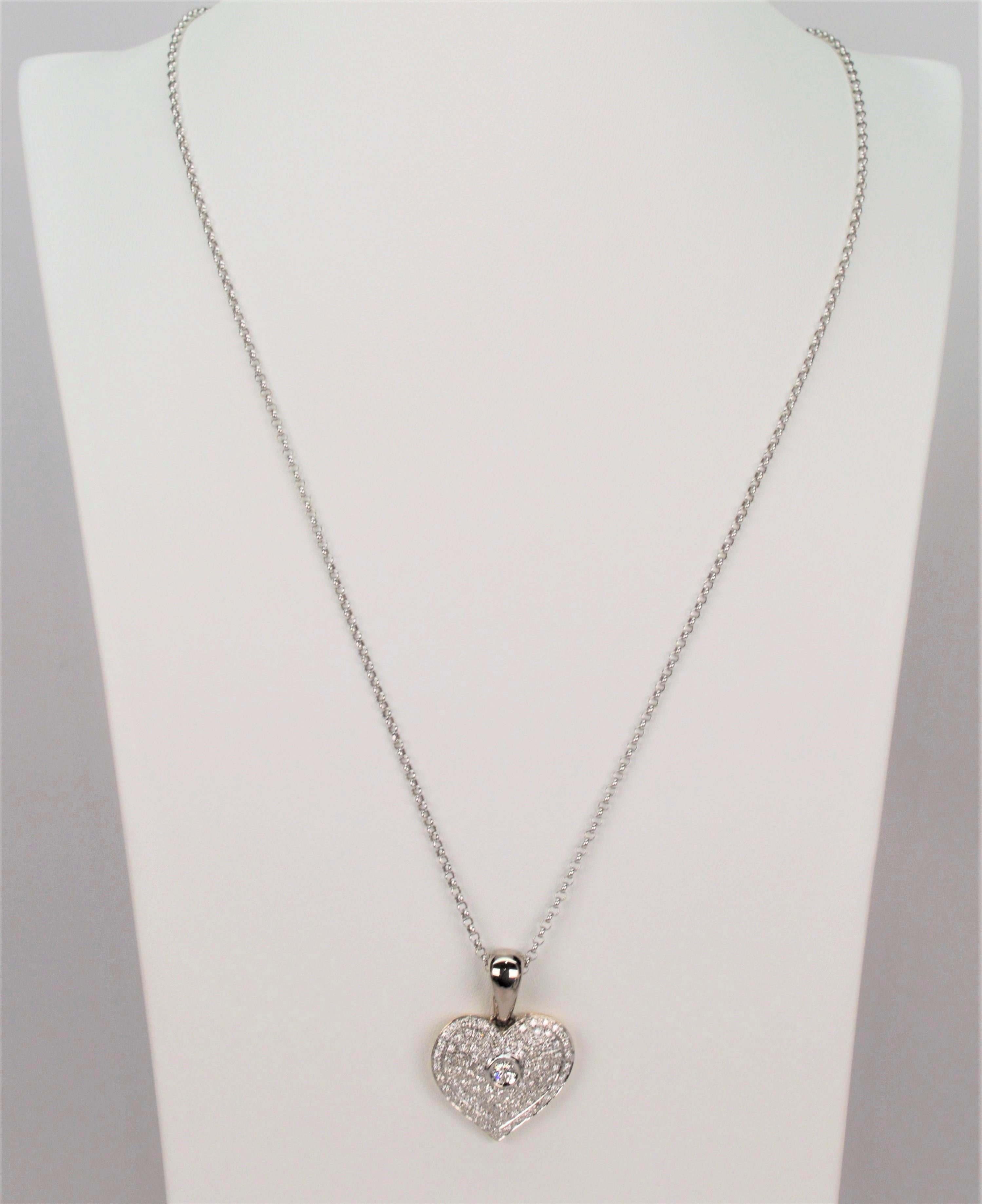 Round Cut Three Carat Diamond Keepsake Heart 18 Karat White Gold Pendant Necklace For Sale