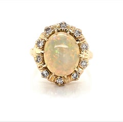 Three Carat Opal Cabochon Diamond 14 Karat Yellow Gold Cocktail Ring