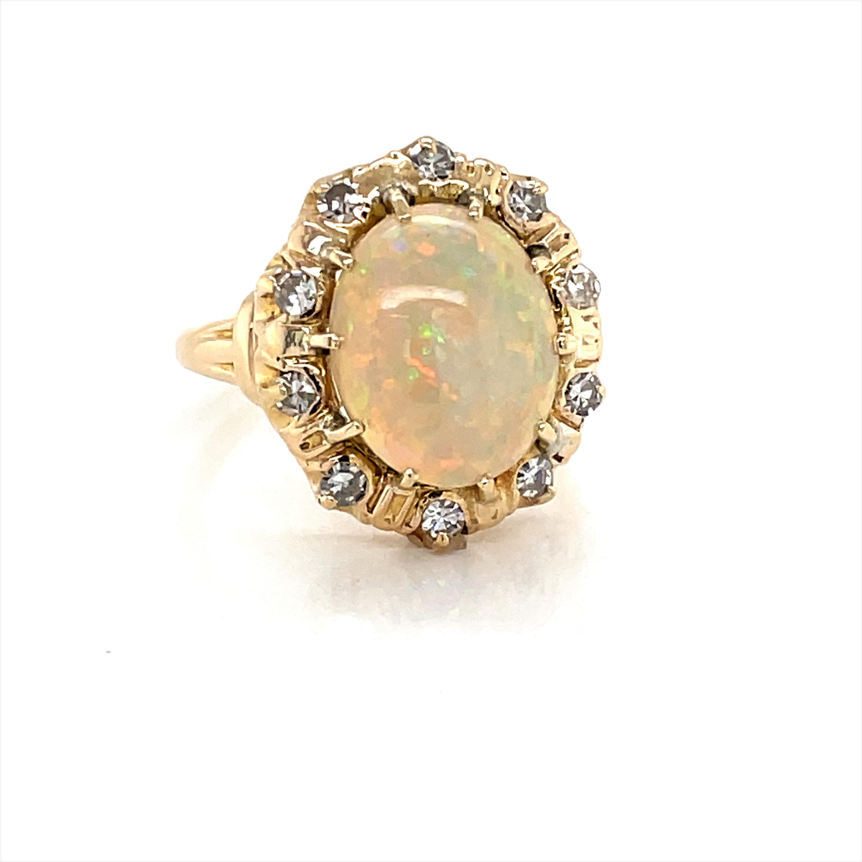 Three Carat Opal Cabochon Diamond 14 Karat Yellow Gold Cocktail Ring In Excellent Condition For Sale In Mount Kisco, NY