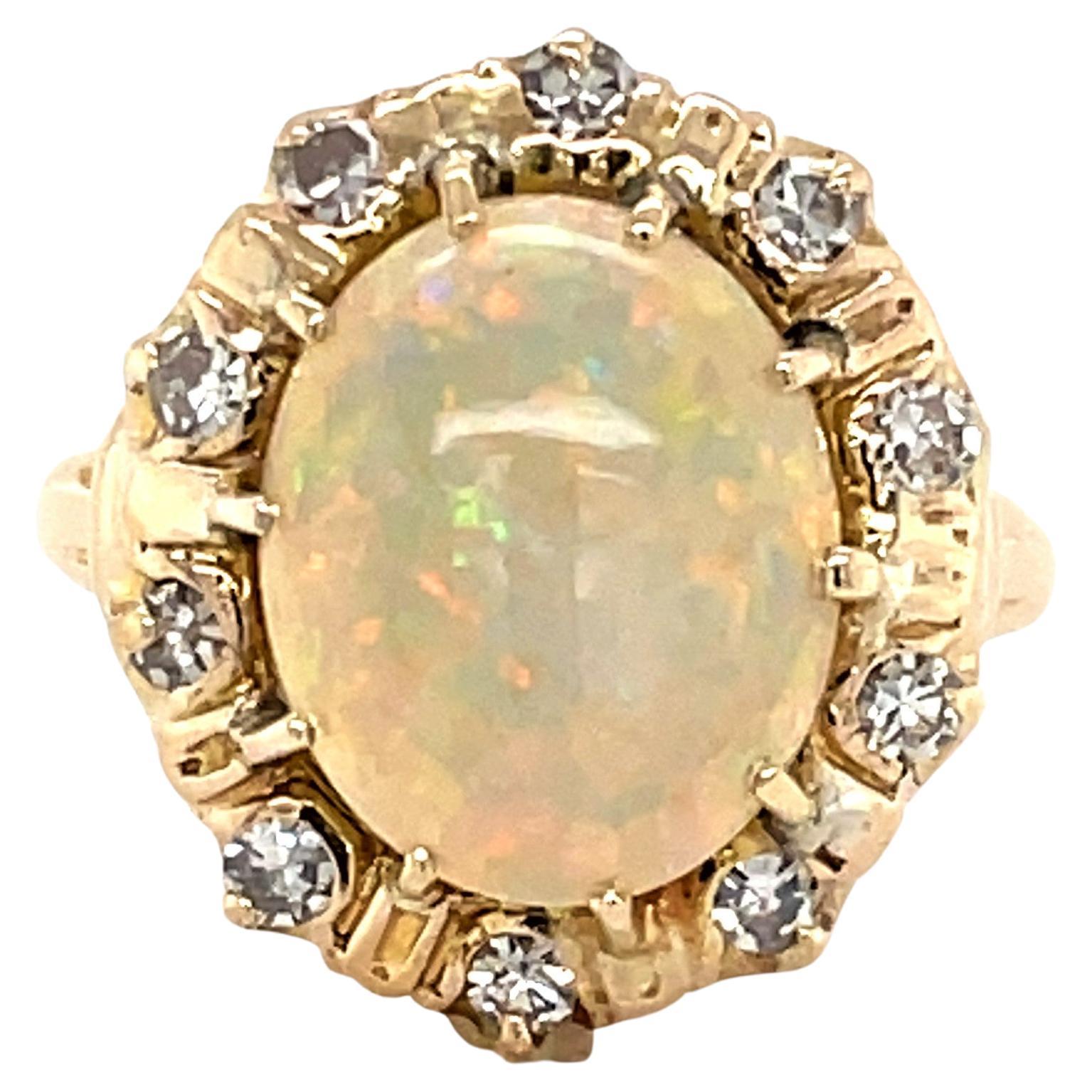 Three Carat Opal Cabochon Diamond 14 Karat Yellow Gold Cocktail Ring For Sale