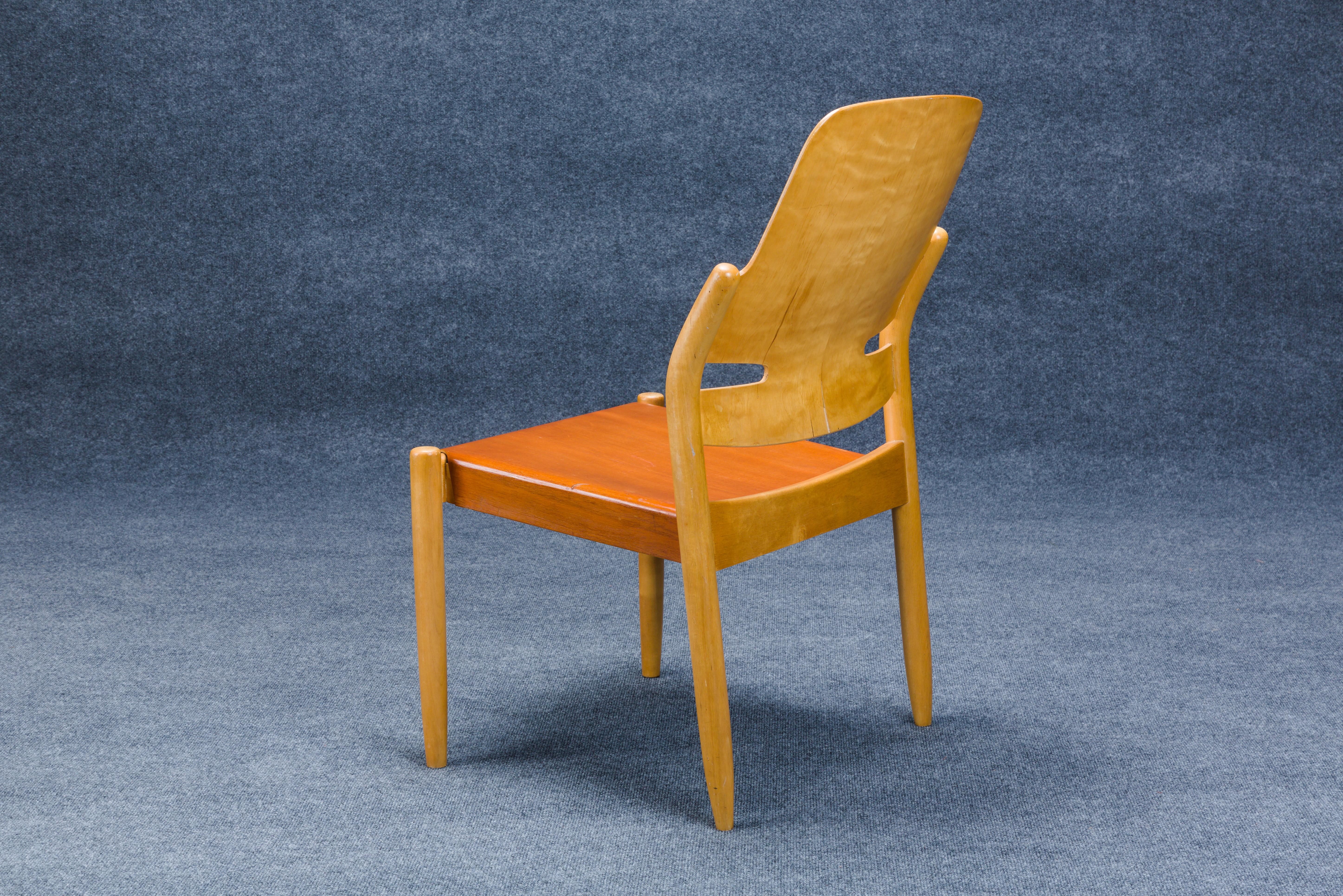 Three Carl-Axel Acking (1910-2001) for Svenska Mobelfarikerna of Bodafors Bentwood Side Chairs, Sweden, c. 1950, designed c.1944, beech, oak, laminated plywood, stackable, with manufacturer's metal label and stamp under seat, Measures: HT. 33 1/4,