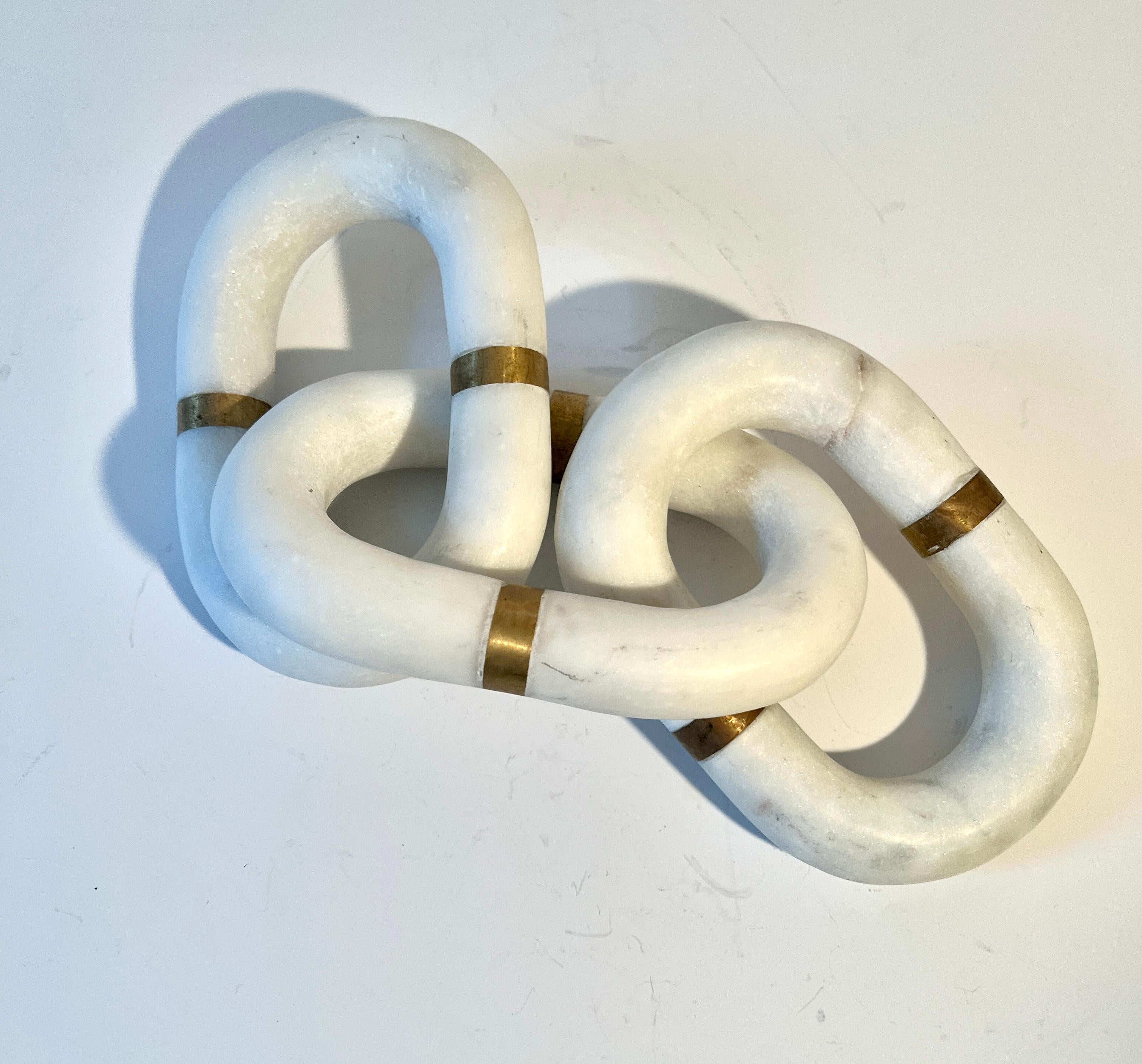 Mid-Century Modern Three Carrera Marble Links with Brass Details Paperweight of Sculptural For Sale