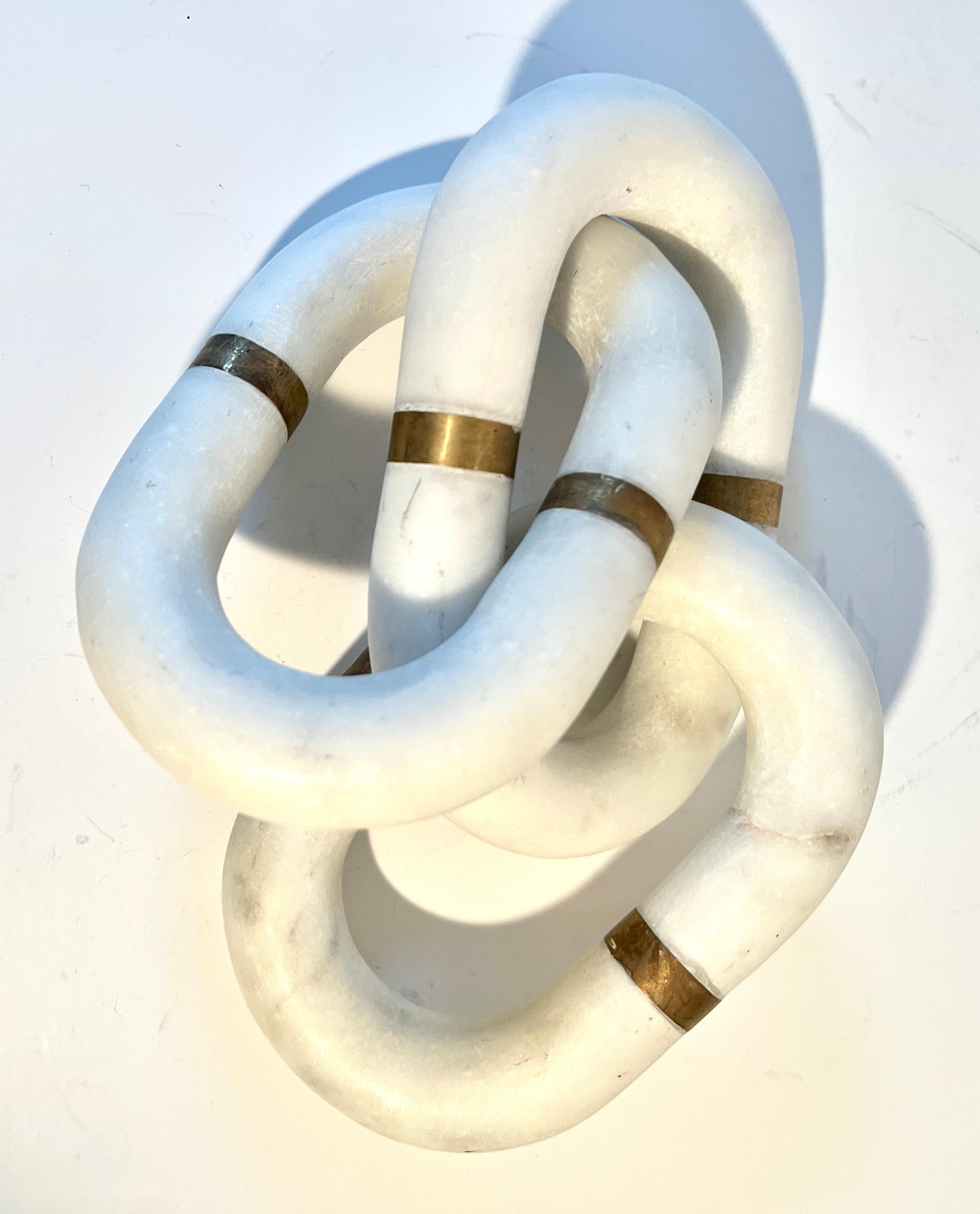 Italian Three Carrera Marble Links with Brass Details Paperweight of Sculptural For Sale