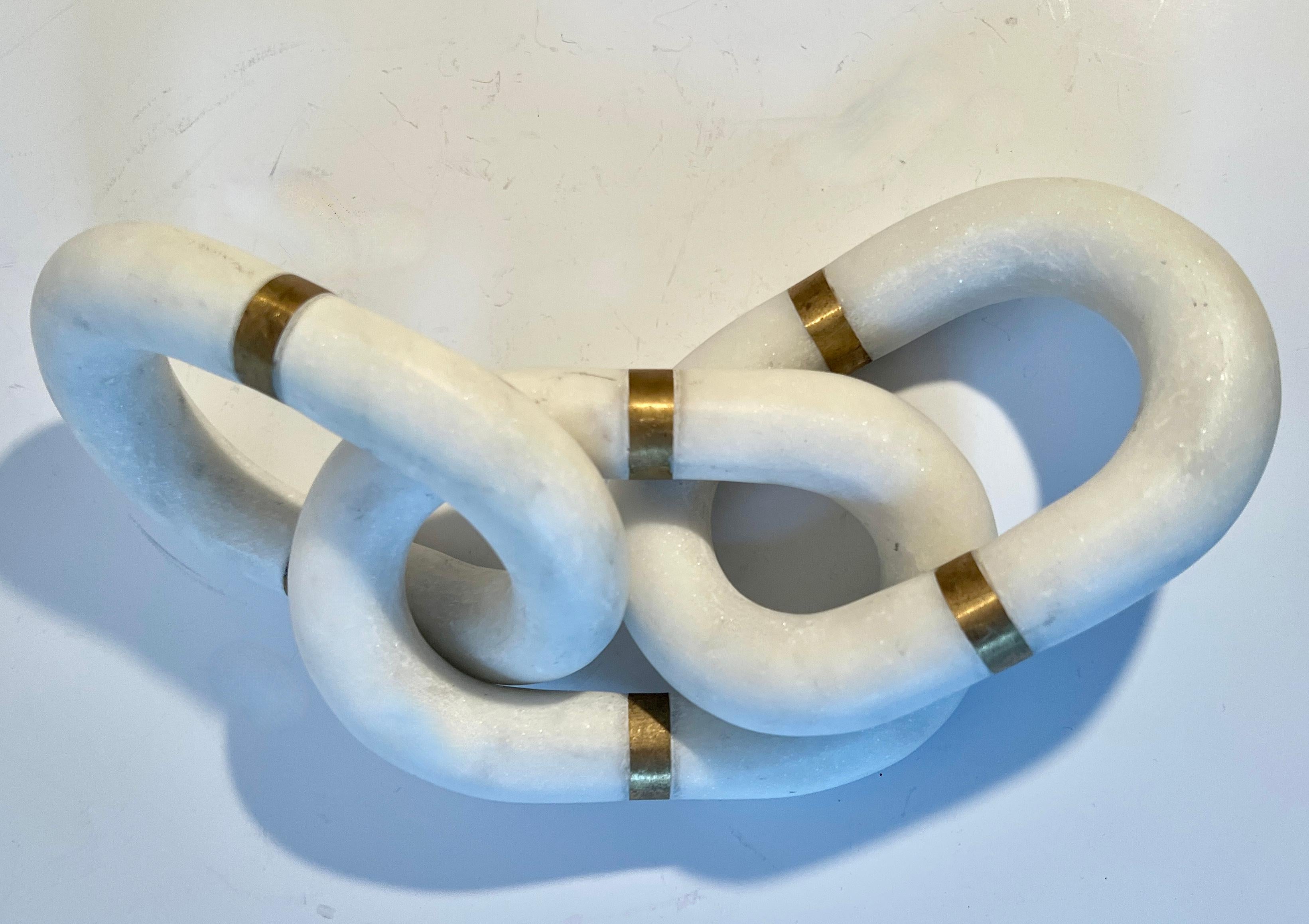 Hand-Carved Three Carrera Marble Links with Brass Details Paperweight of Sculptural For Sale