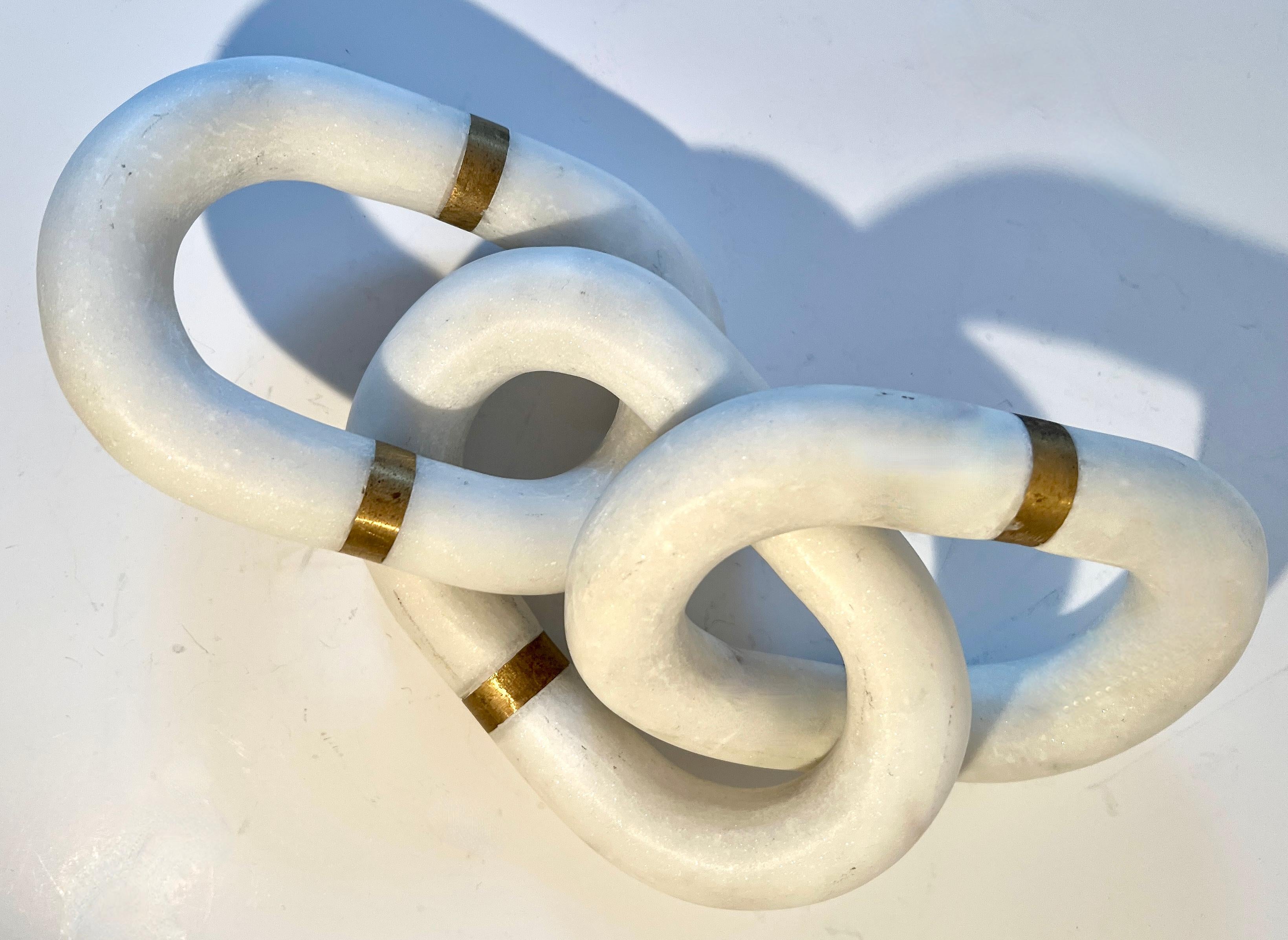 Three Carrera Marble Links with Brass Details Paperweight of Sculptural In Good Condition For Sale In Los Angeles, CA