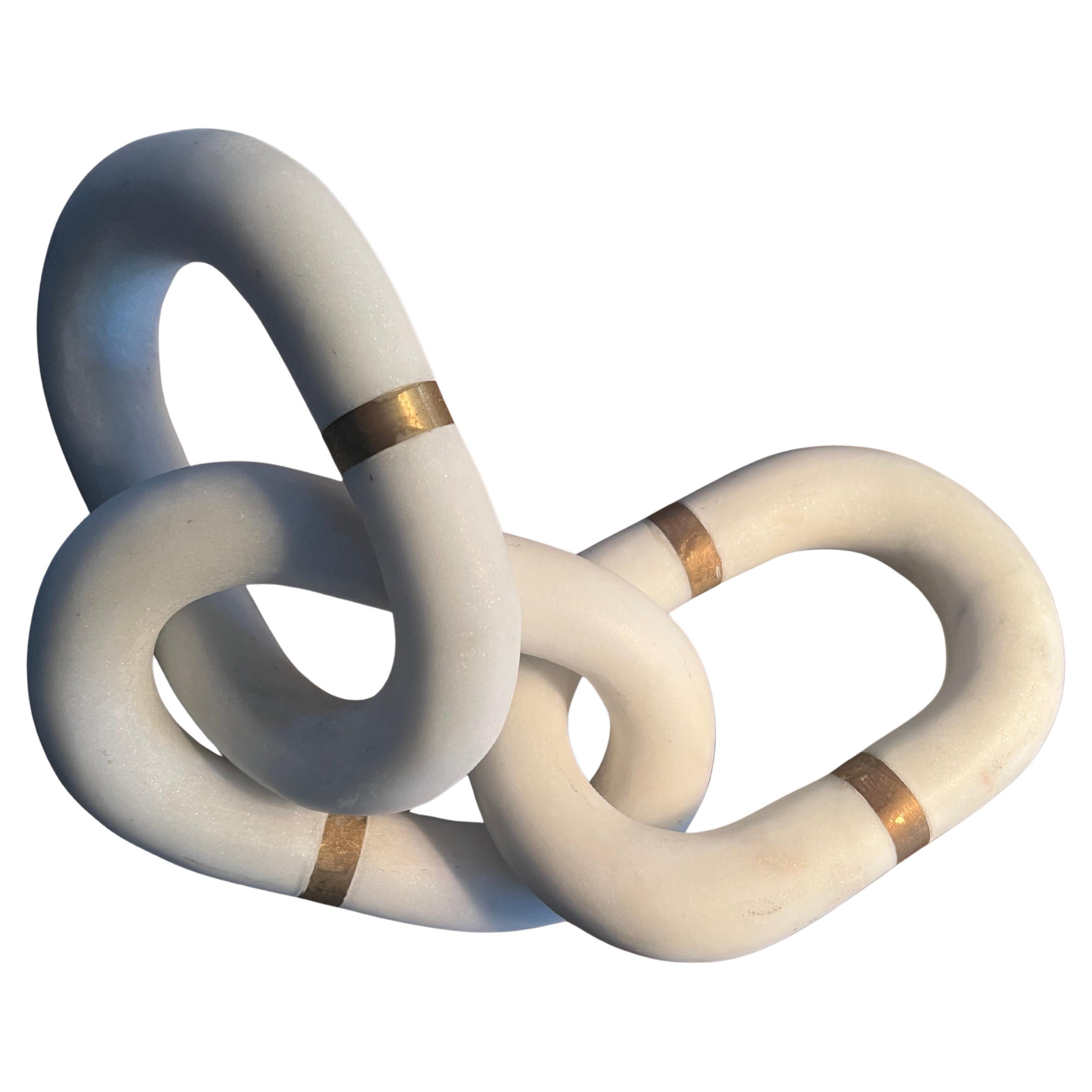 Three Carrera Marble Links with Brass Details Paperweight of Sculptural