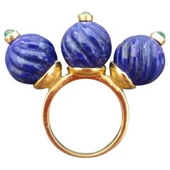 Three Carved Lapis Lazuli Beads Emerald Round Cabs 14K Yellow Gold Cocktail Ring