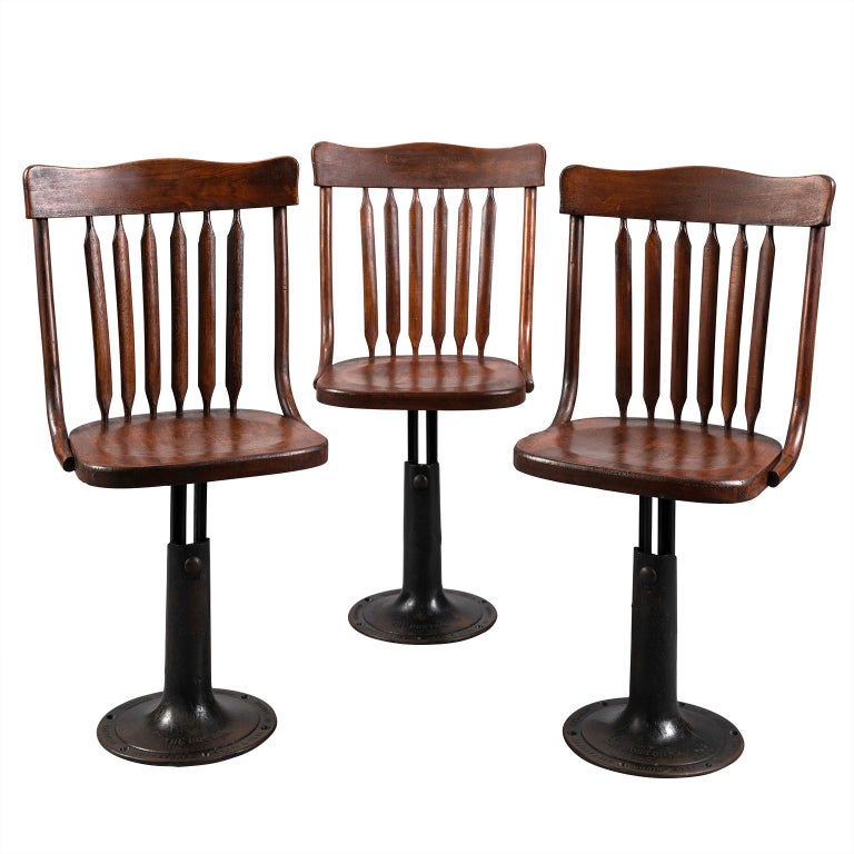 Three Cast Iron and Wood Adjustable Height Chairs, circa 1895 For Sale