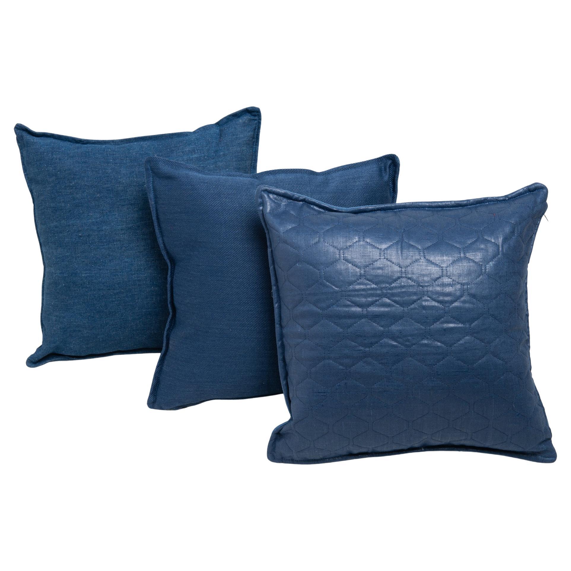 Three Casual Pillows in Old Denim Fabric For Sale