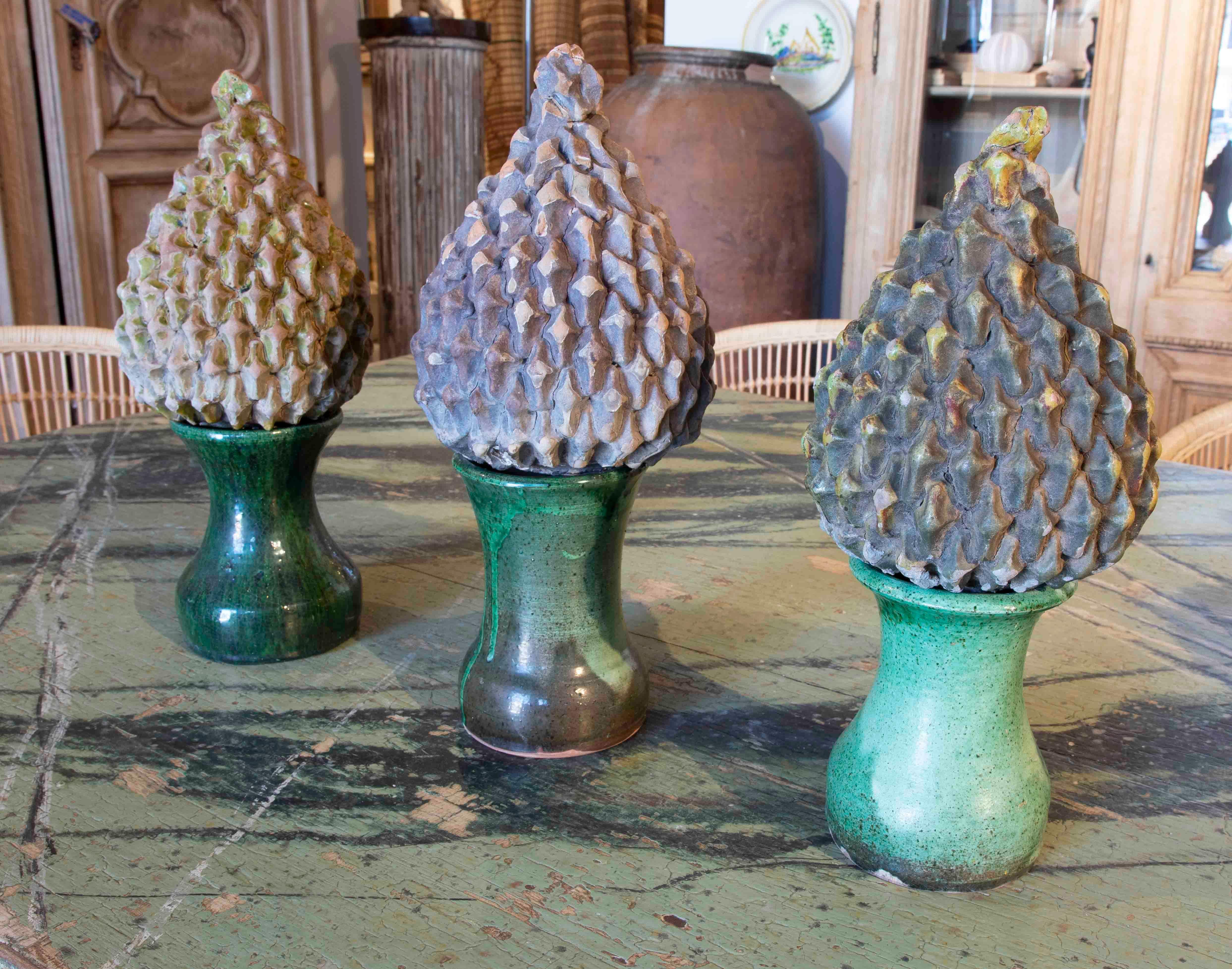 Spanish Three Ceramic Finials with Remnants of Glaze from the Pine Cones with Back Base