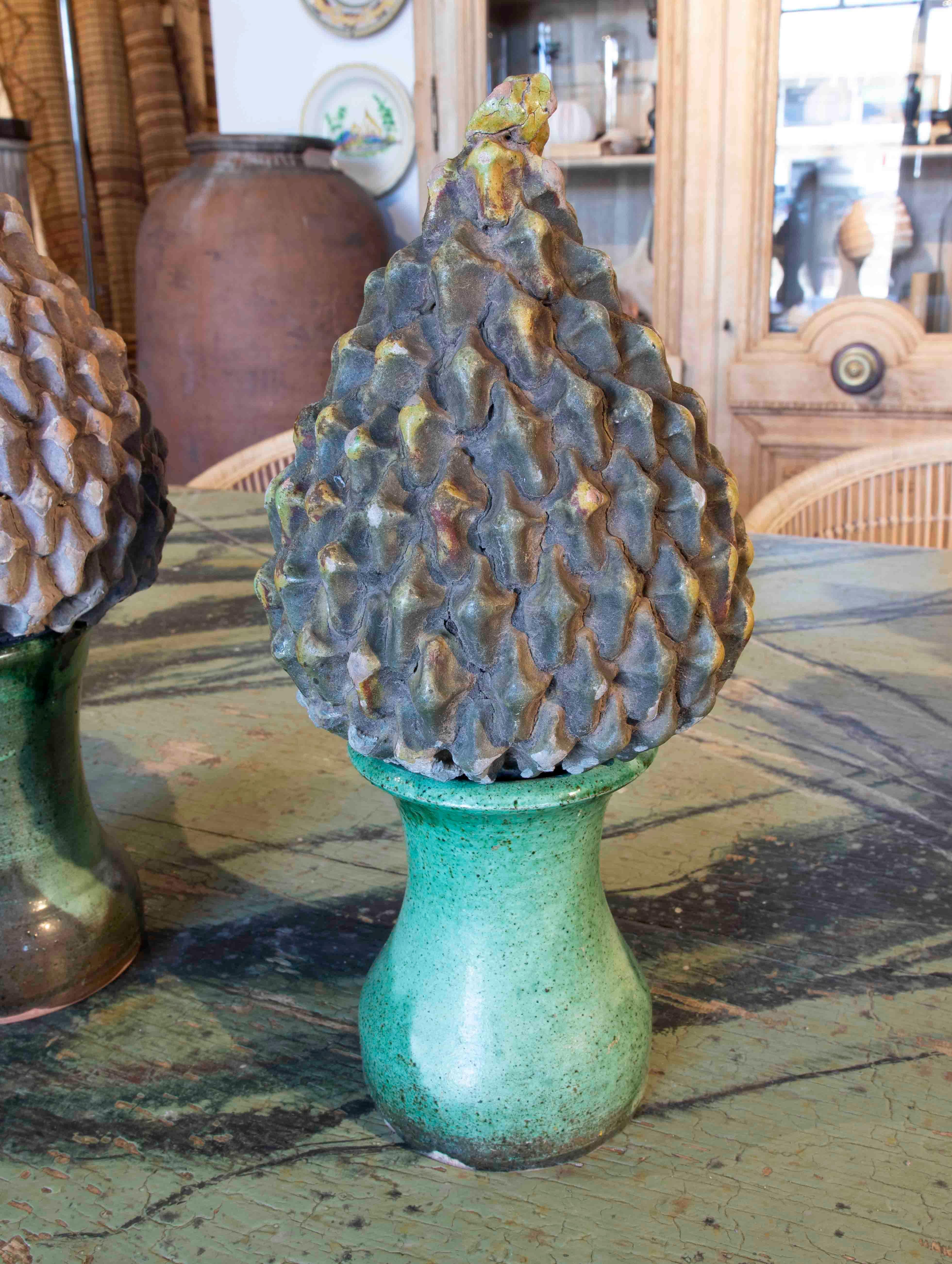 Glazed Three Ceramic Finials with Remnants of Glaze from the Pine Cones with Back Base