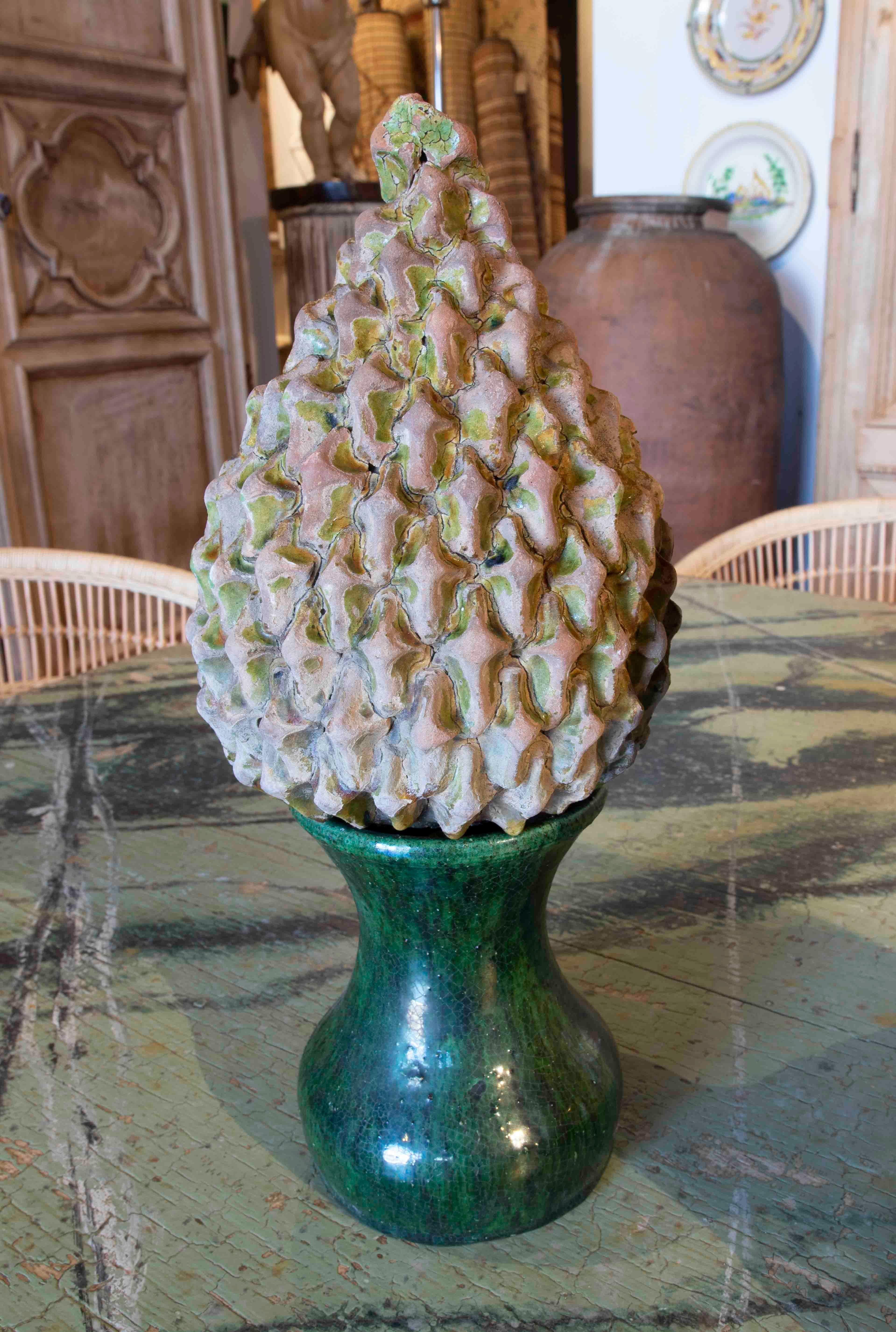 20th Century Three Ceramic Finials with Remnants of Glaze from the Pine Cones with Back Base