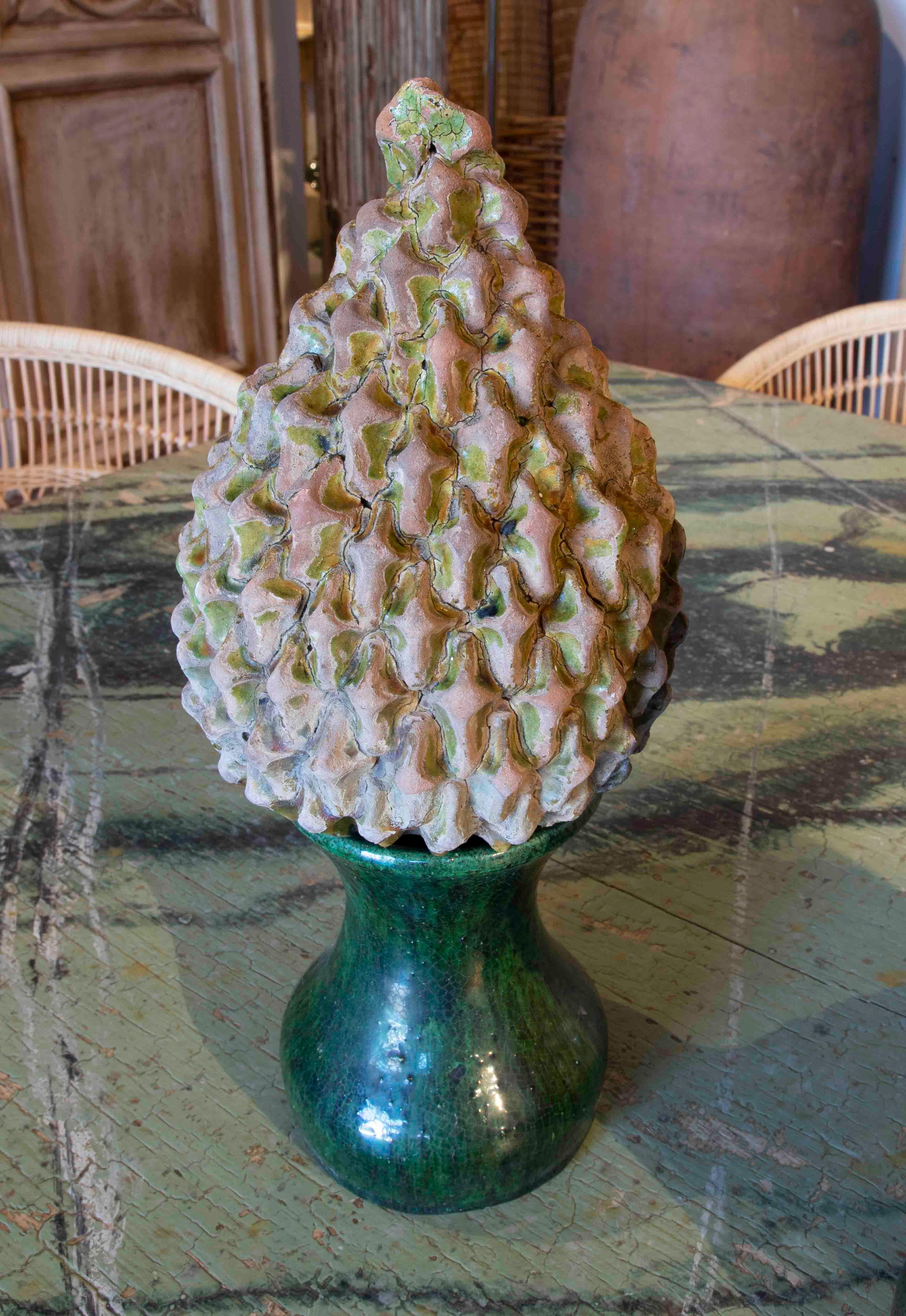 20th Century Three Ceramic Finials with Remnants of Glaze from the Pine Cones with Back Base