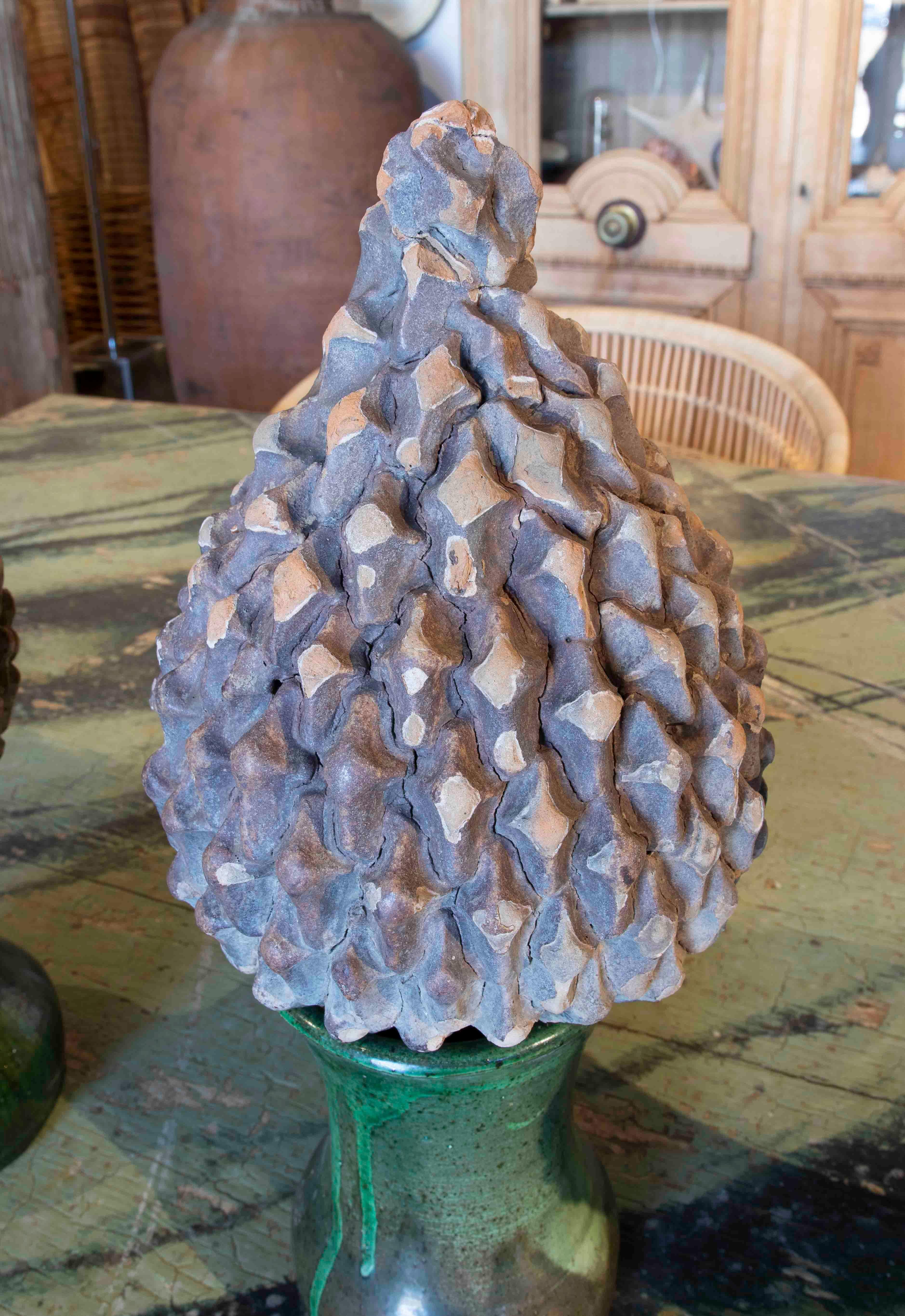 Three Ceramic Finials with Remnants of Glaze from the Pine Cones with Back Base 1