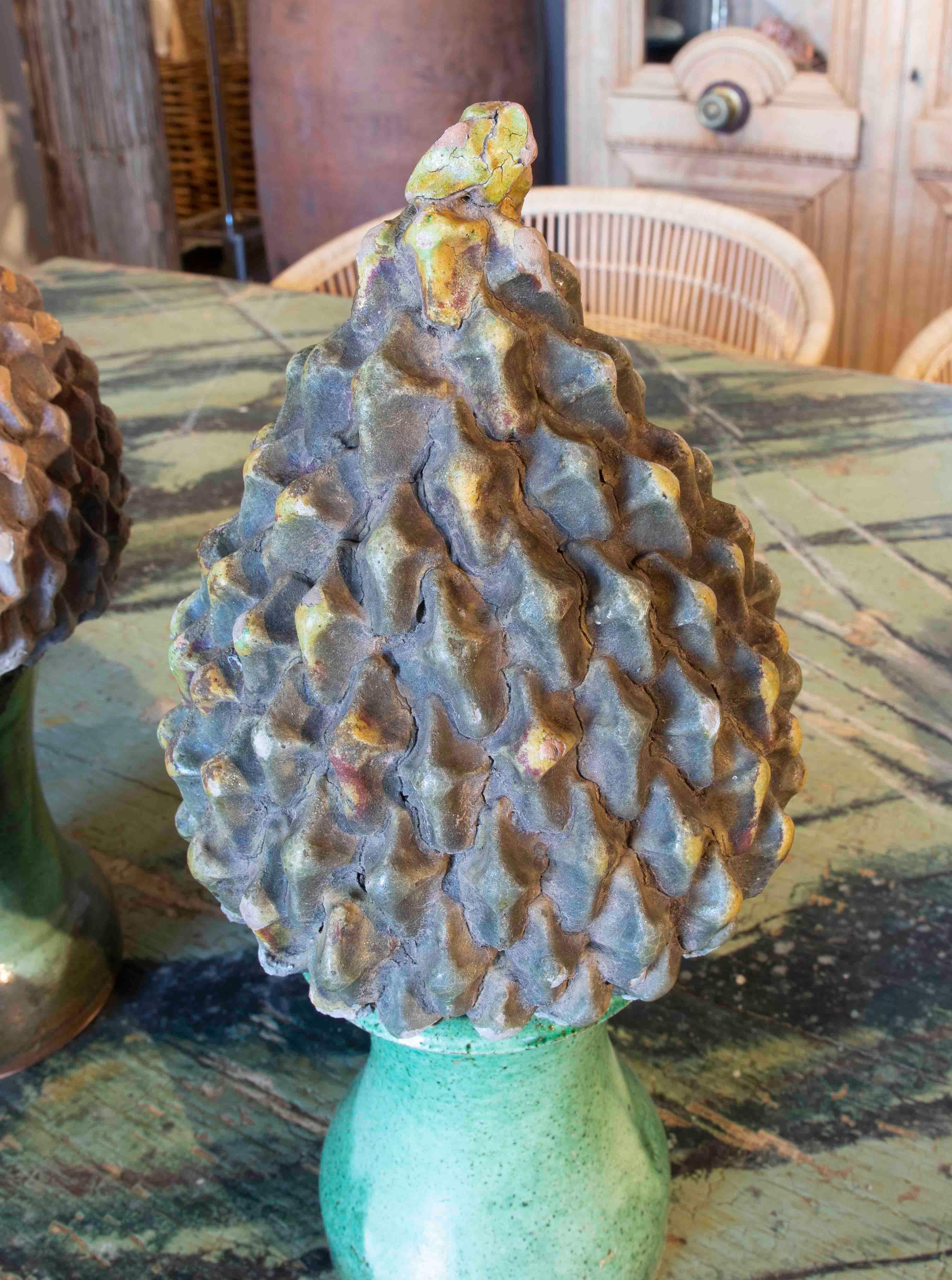 Three Ceramic Finials with Remnants of Glaze from the Pine Cones with Back Base 2