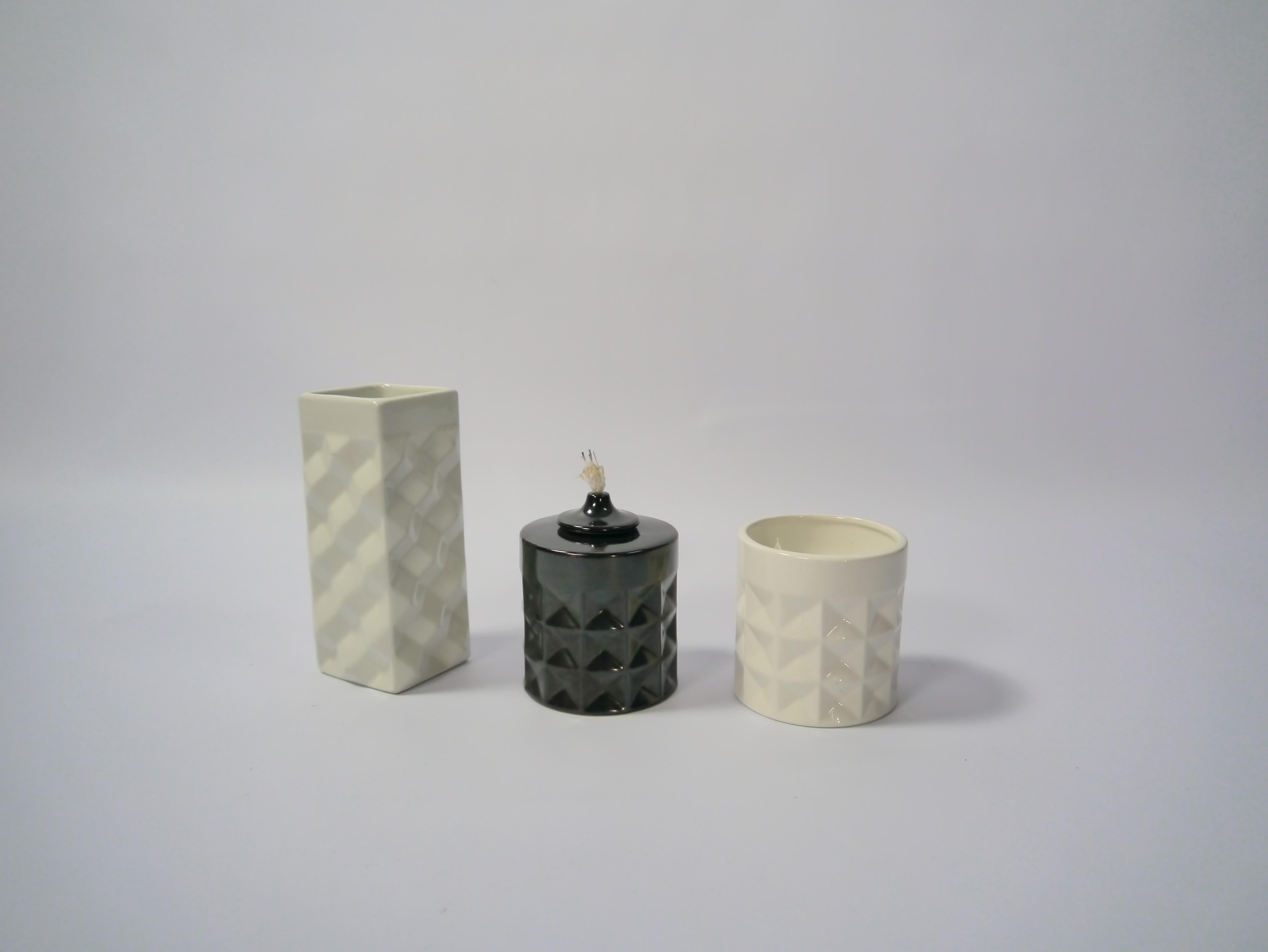 Two vases and one oil lamp from the same series designed by Hermann Bongard for Figgjo Flint, Norway 1960s.
