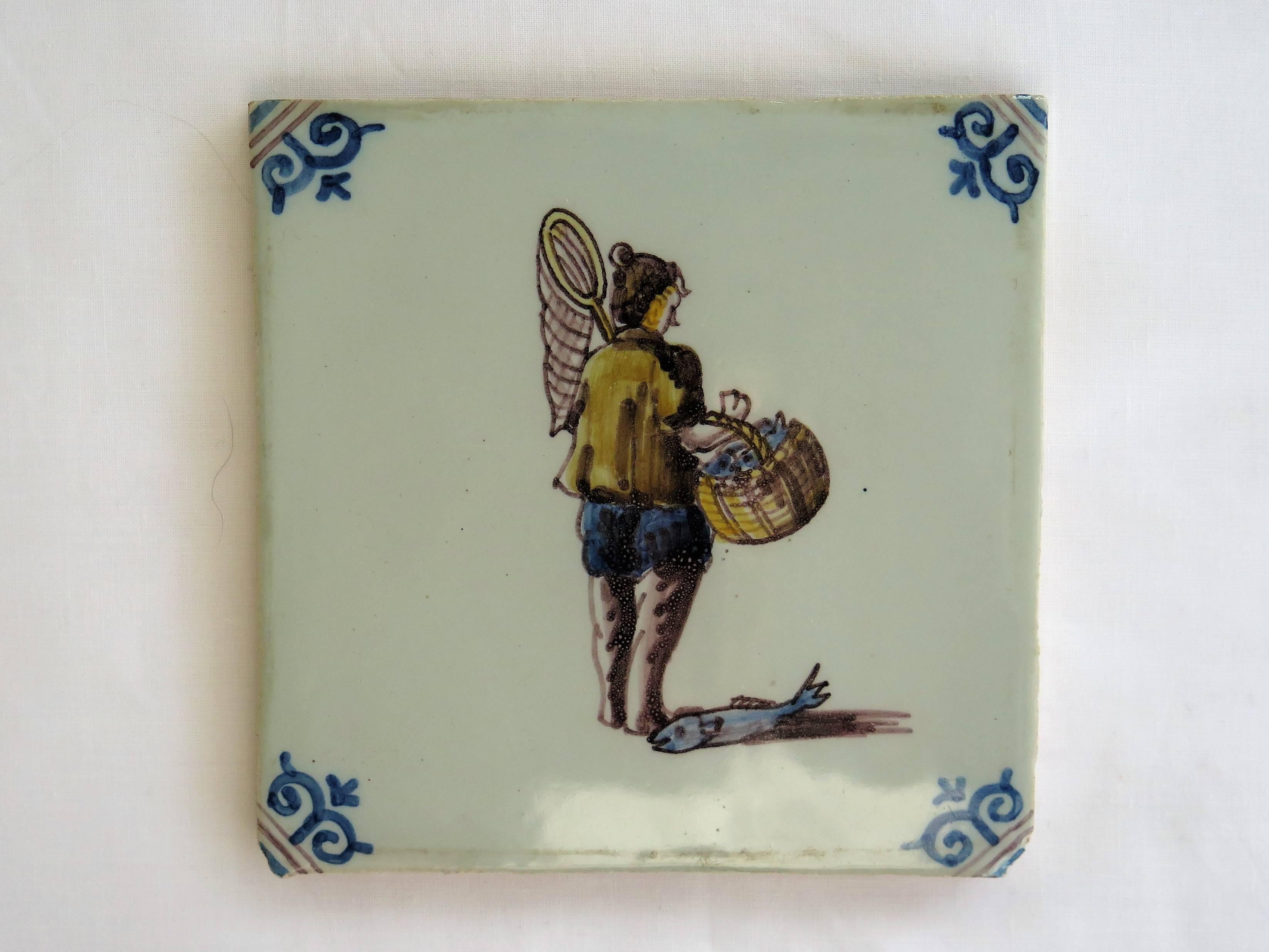 Dutch Three Ceramic Delft Wall Tiles Fisherman Fruit Bowl and Flowers, Two 19th C 