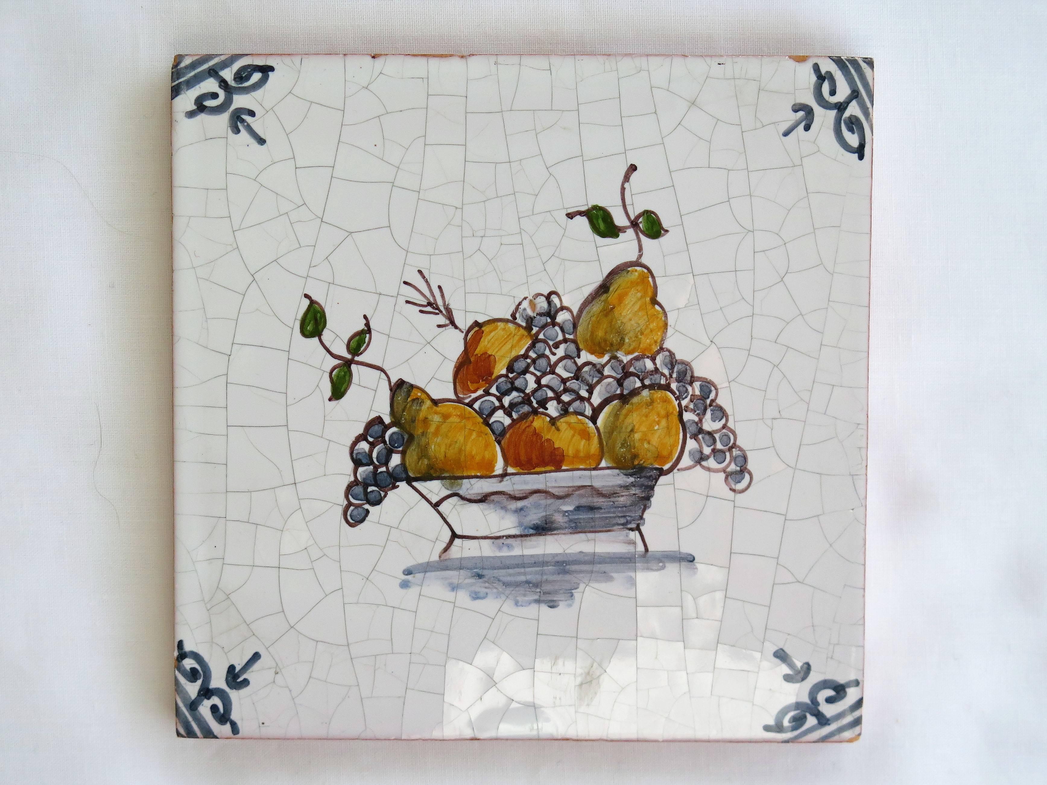 Three Ceramic Delft Wall Tiles Fisherman Fruit Bowl and Flowers, Two 19th C  In Good Condition In Lincoln, Lincolnshire