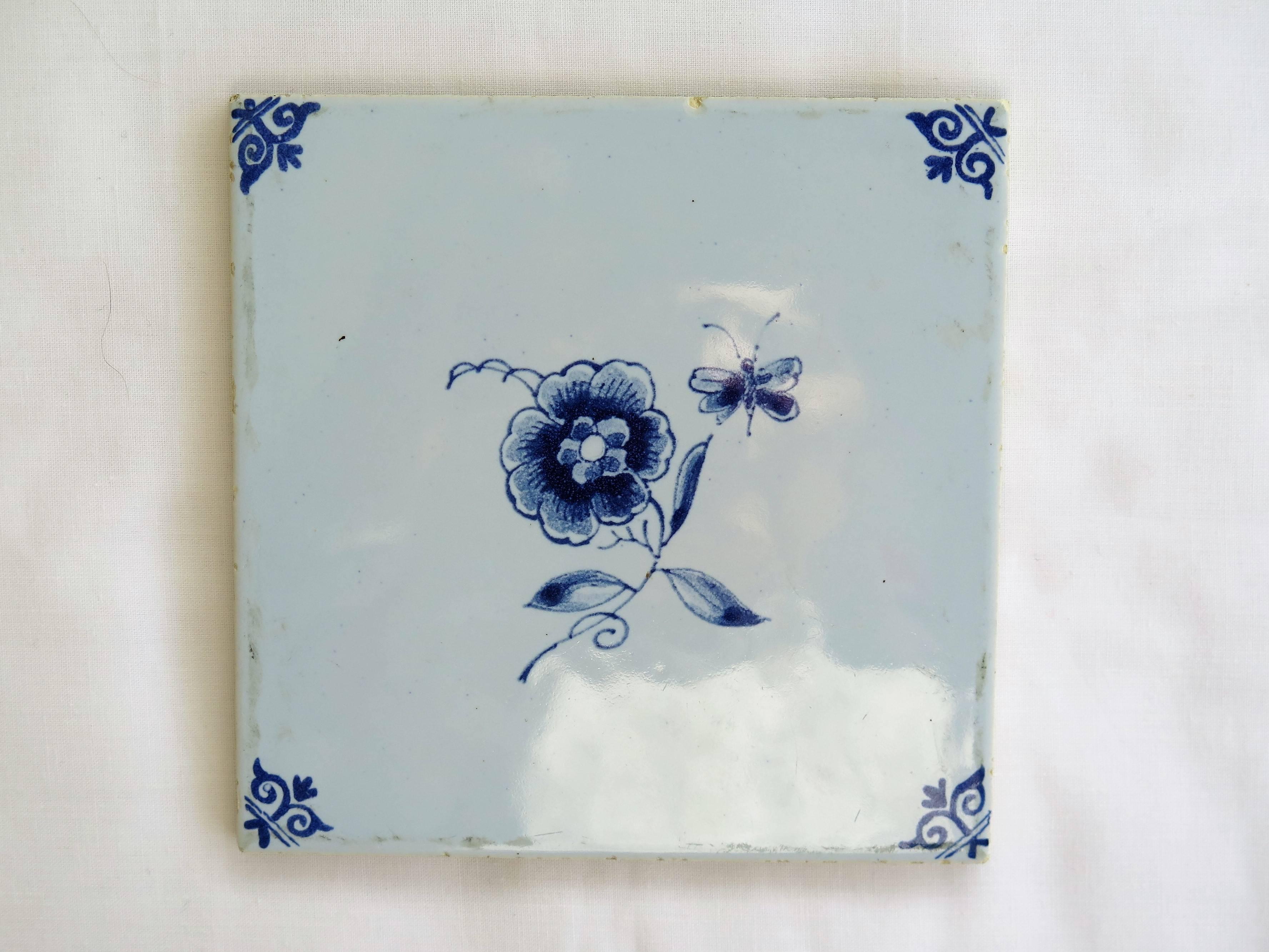 Three Ceramic Delft Wall Tiles Fisherman Fruit Bowl and Flowers, Two 19th C  1
