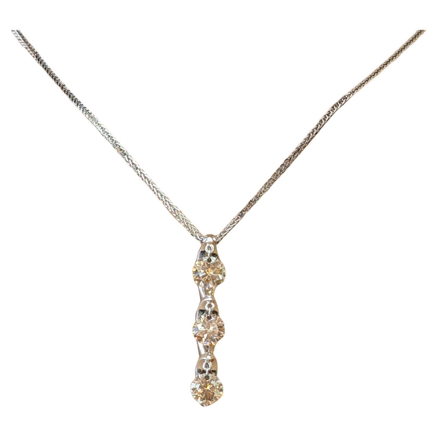 Three Champagne Diamond Drop Pendant Necklace in 18k White Gold
